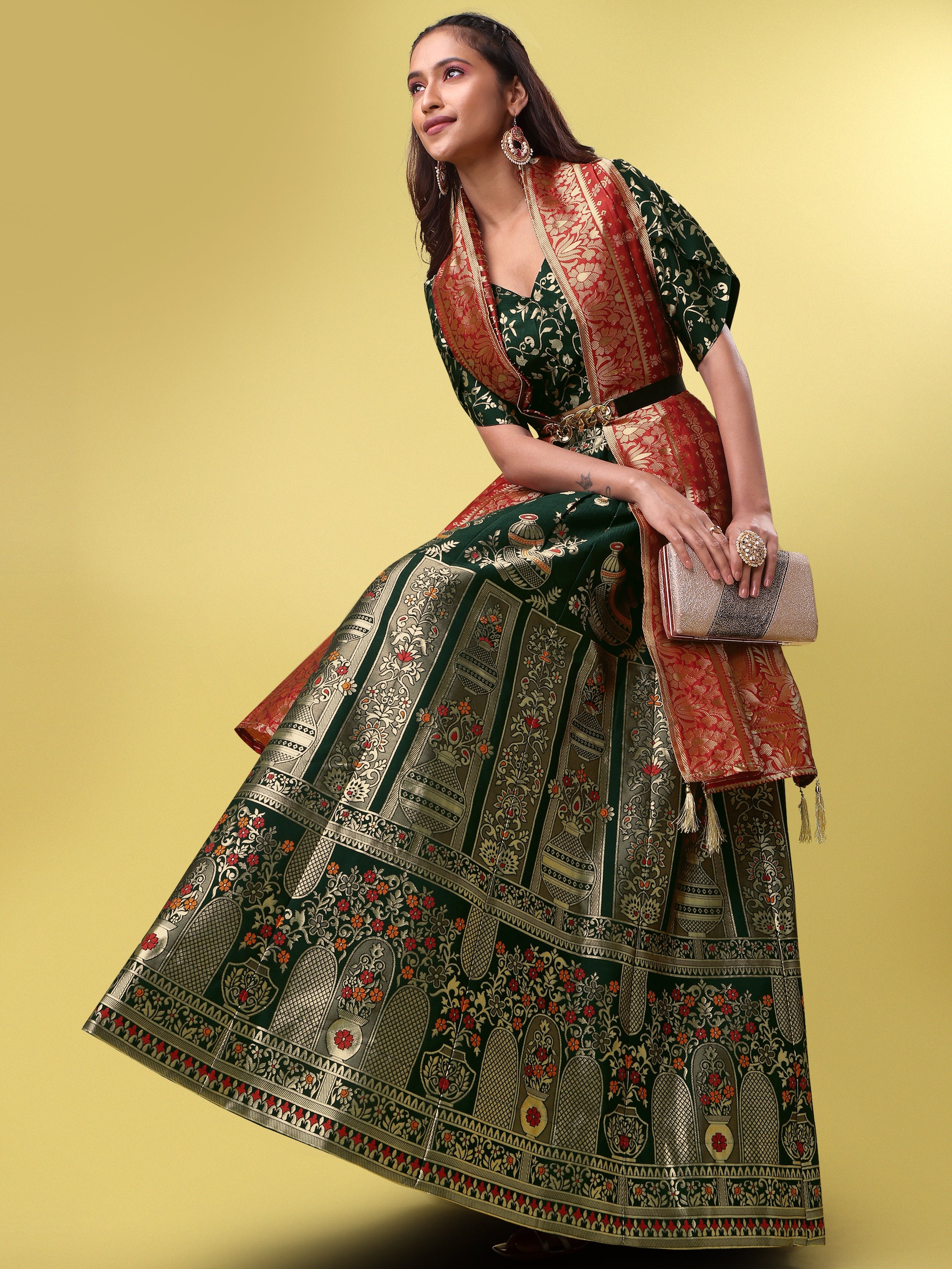 Decorated With Beautiful Flower Motif Dark Green Lehenga Choli