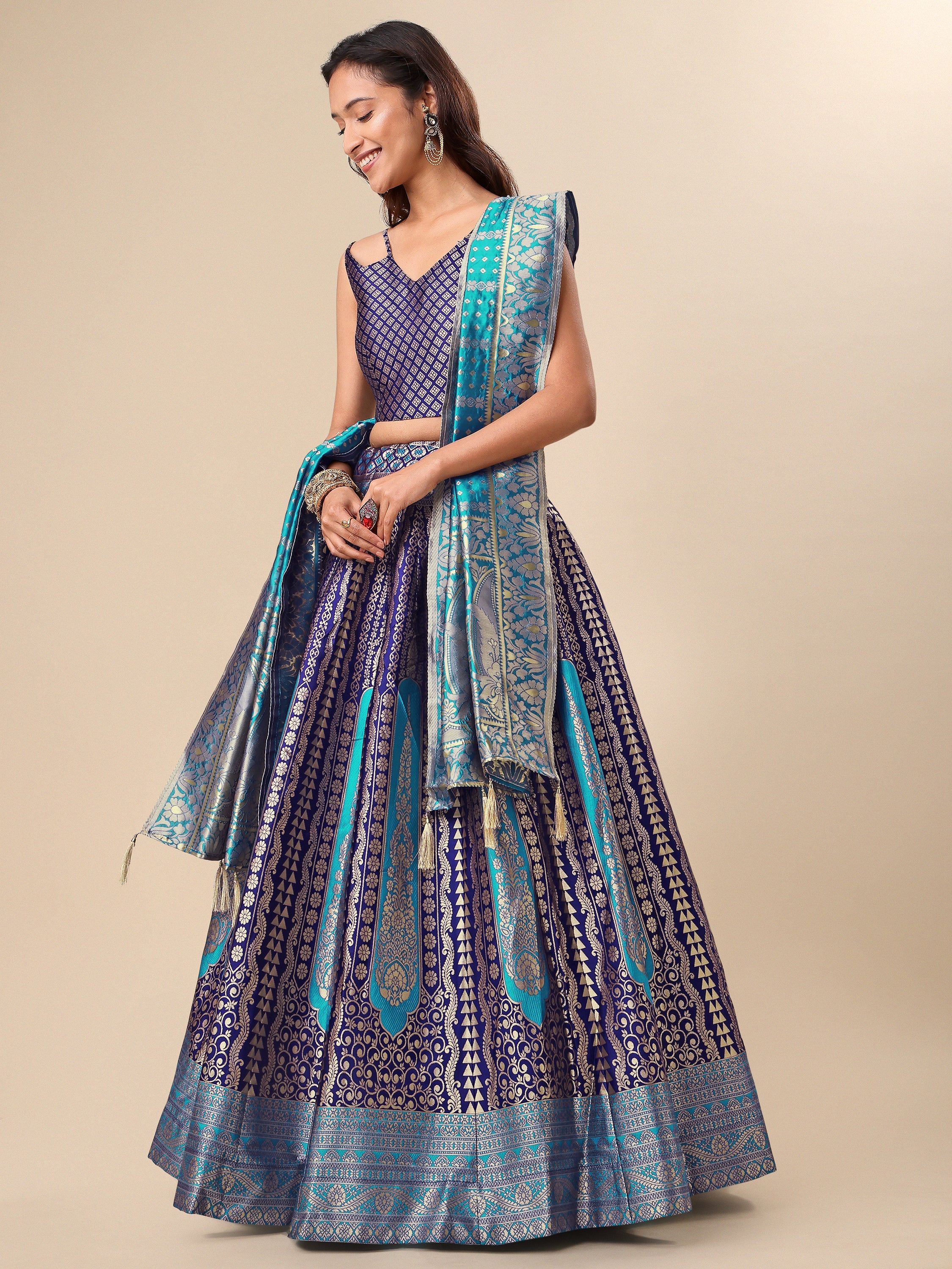 Women Embellished Flared Navy Blue Lehenga Choli