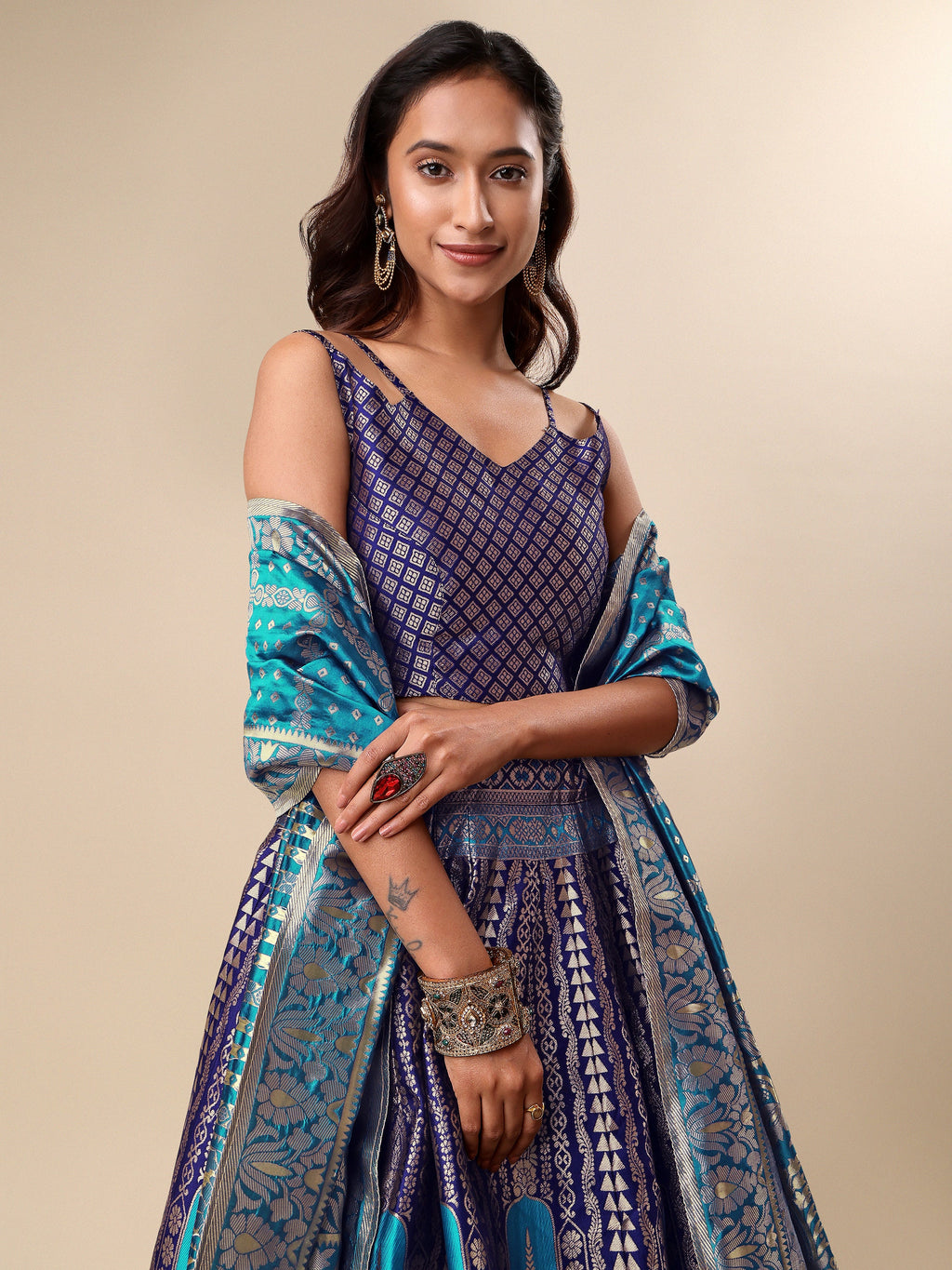 Women Embellished Flared Navy Blue Lehenga Choli