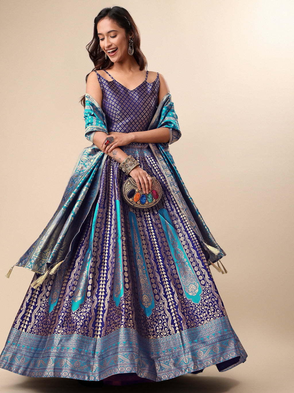 Women Embellished Flared Navy Blue Lehenga Choli