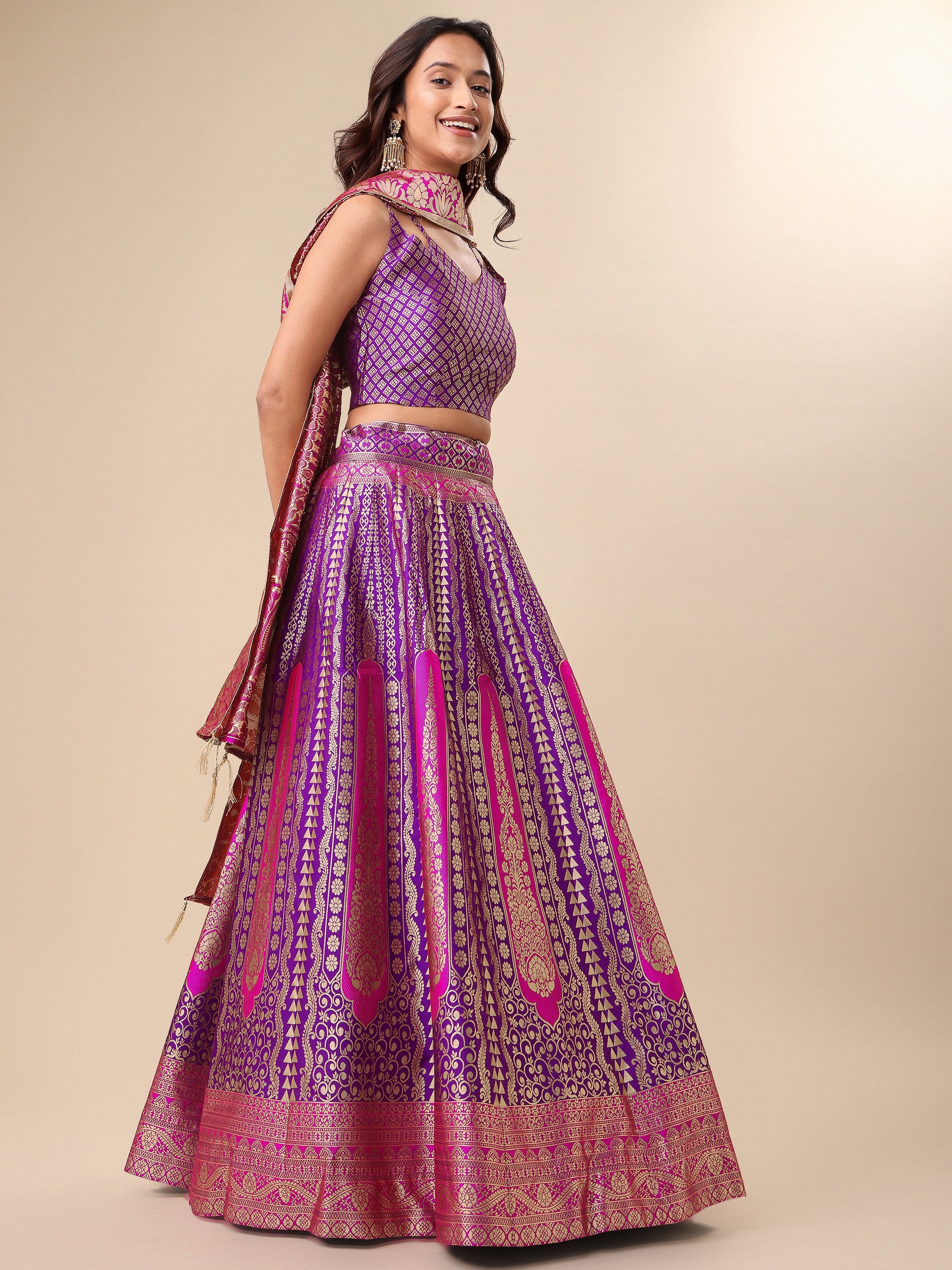 Women Embellished Flared Wine Lehenga Choli