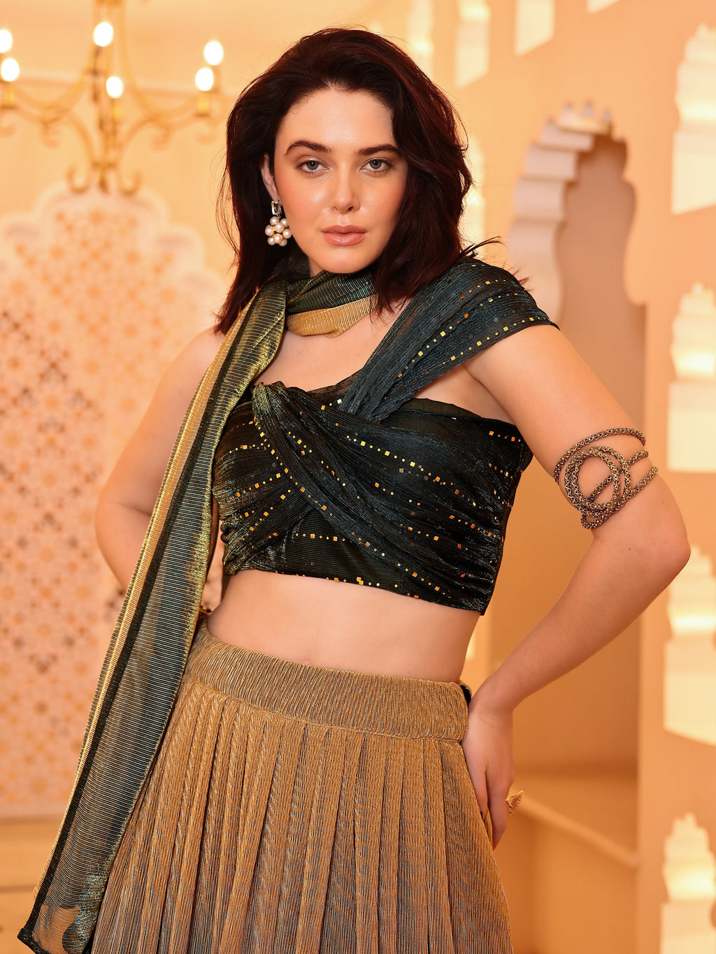 Crushed Silk Green Lehenga Choli with Sequined Embroidery