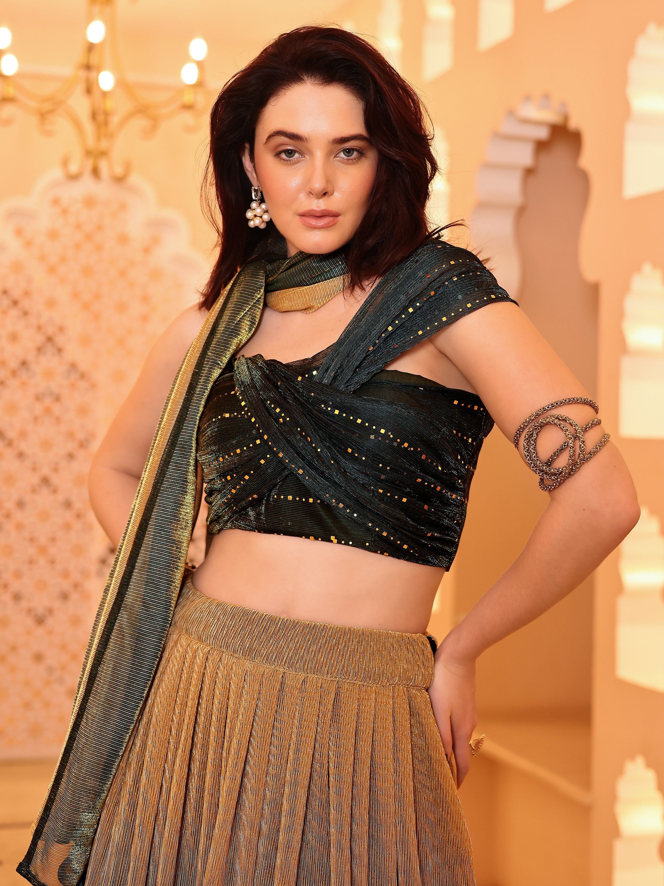 Crushed Silk Green Lehenga Choli with Sequined Embroidery