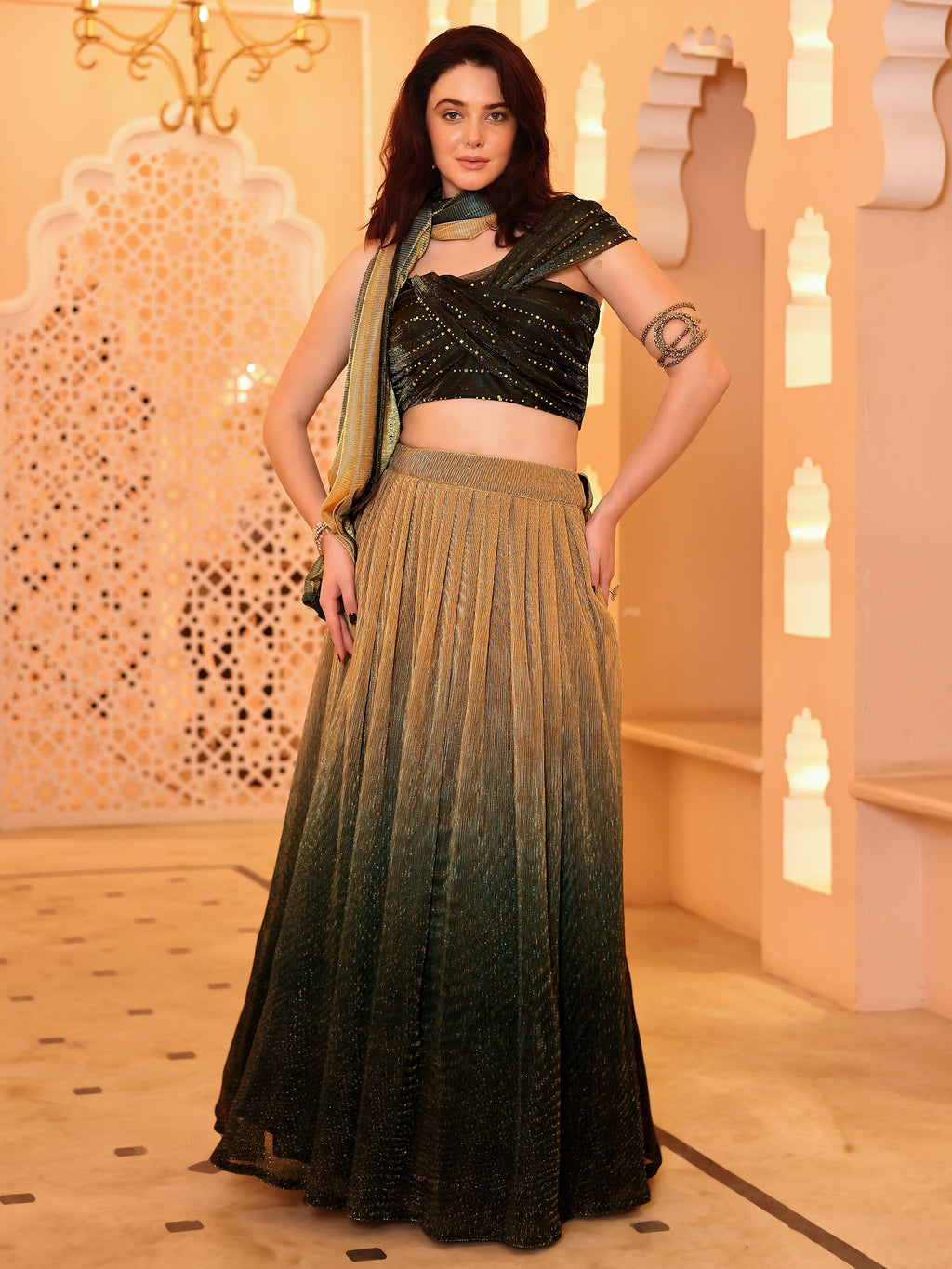 Crushed Silk Green Lehenga Choli with Sequined Embroidery