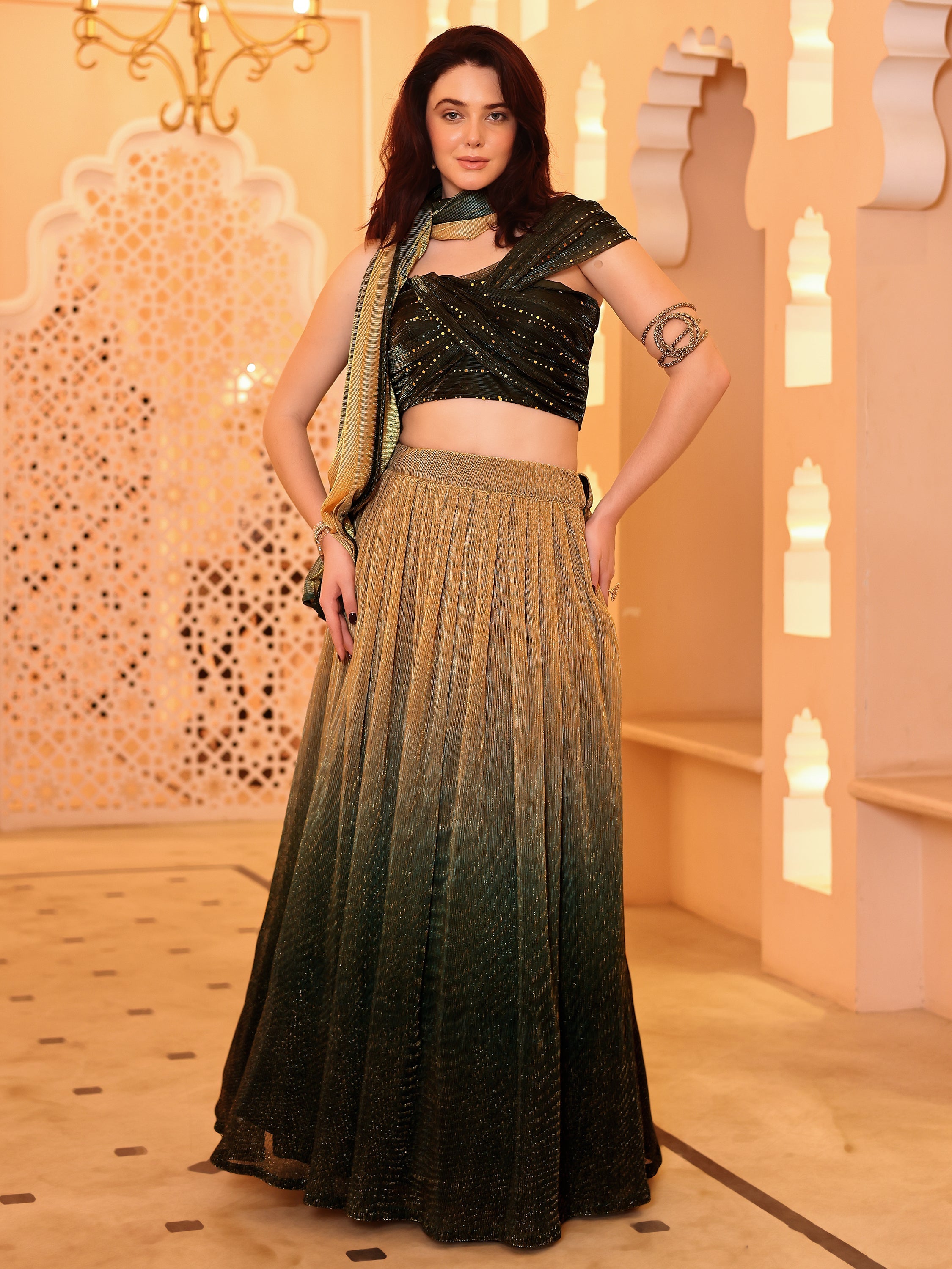 Crushed Silk Green Lehenga Choli with Sequined Embroidery