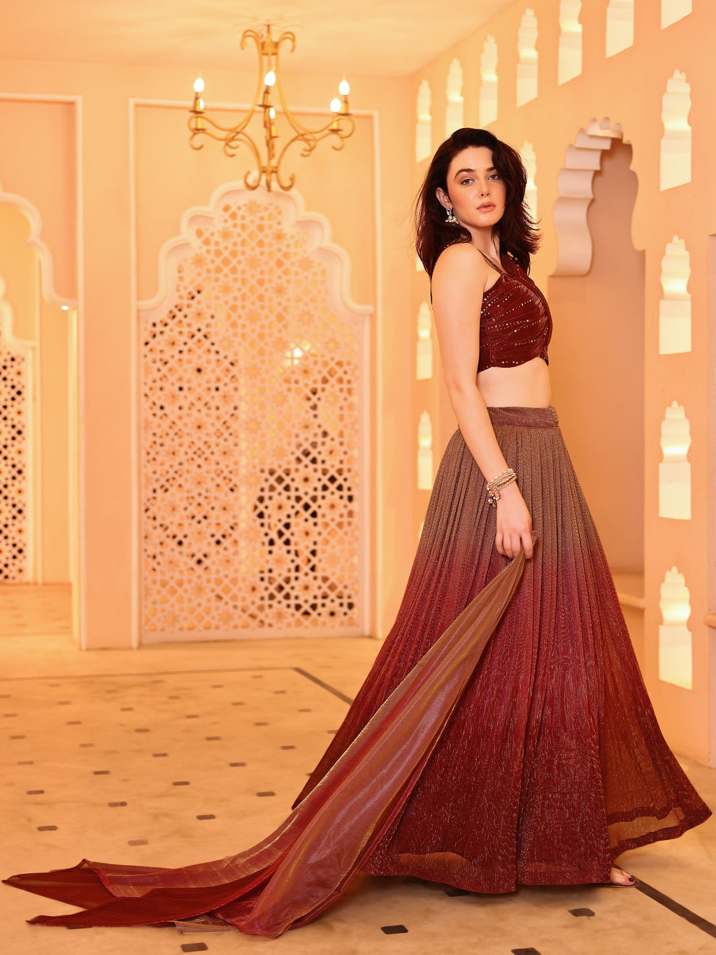 Crushed Silk Maroon Lehenga Choli with Sequined Embroidery