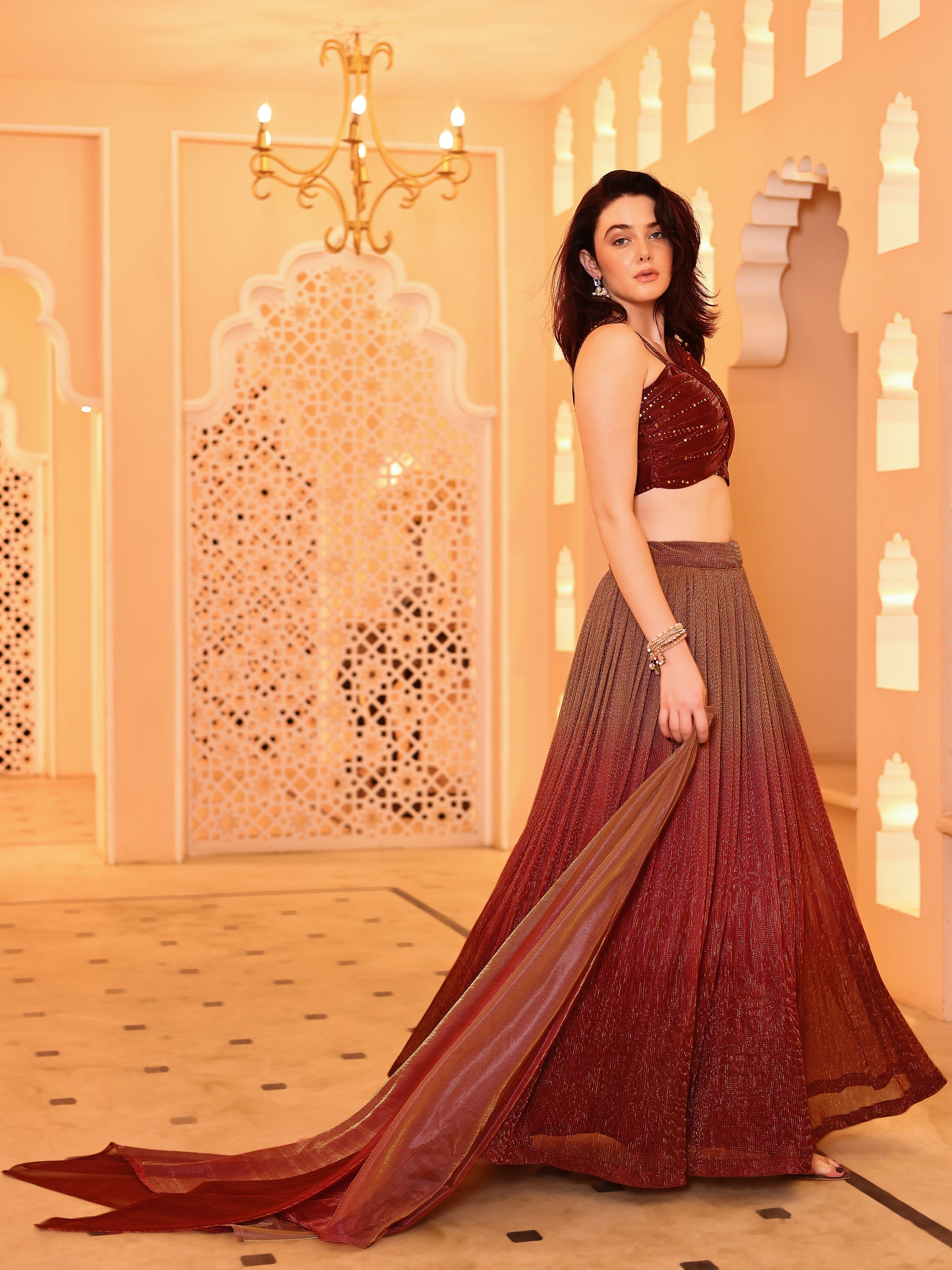 Crushed Silk Maroon Lehenga Choli with Sequined Embroidery