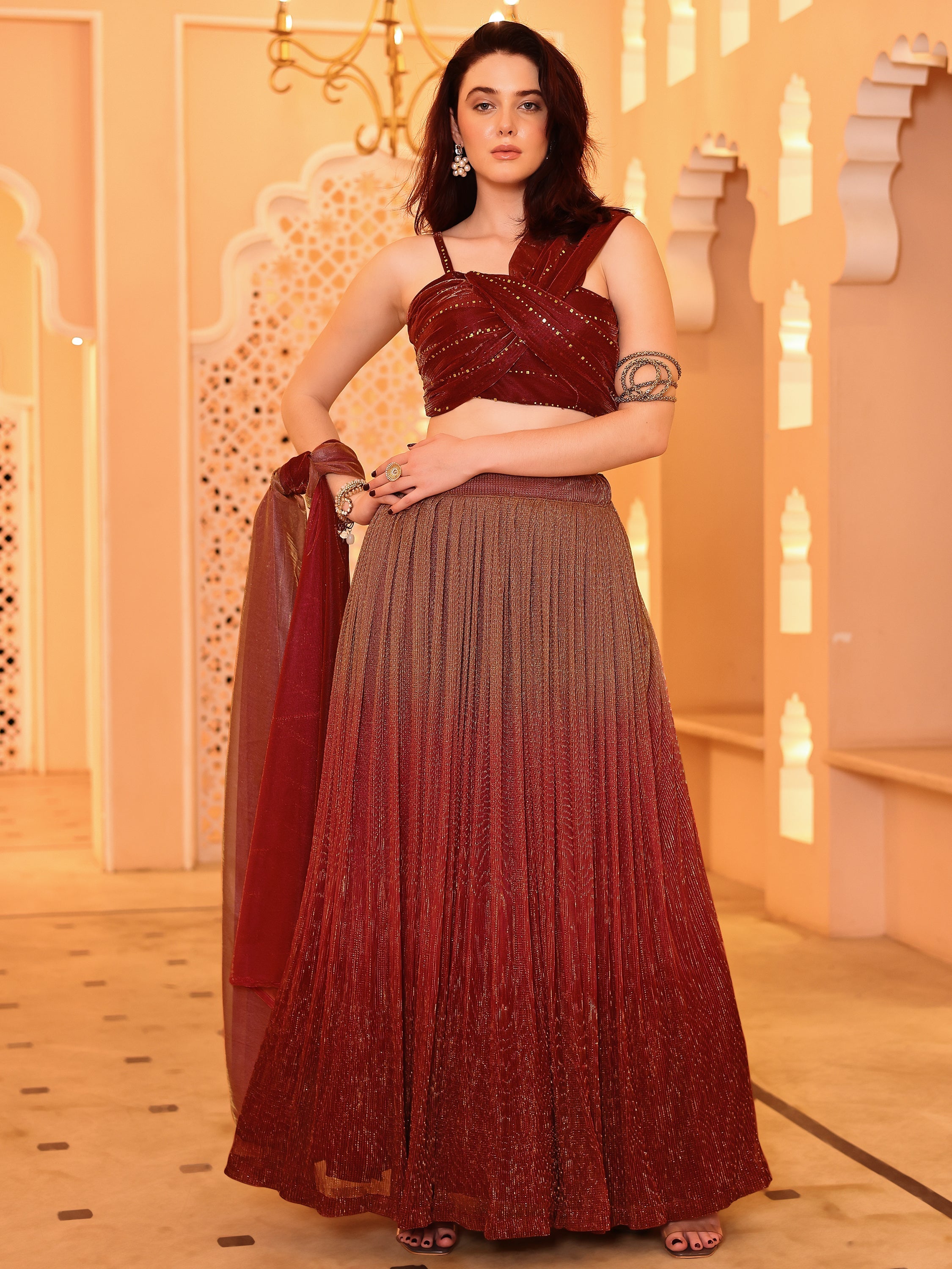Crushed Silk Maroon Lehenga Choli with Sequined Embroidery