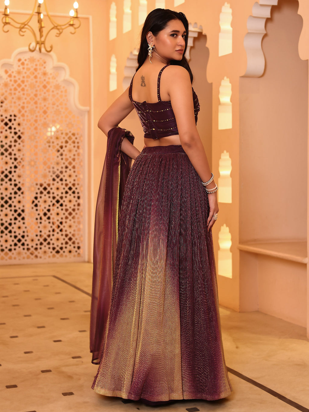Crushed Silk Wine Lehenga Choli with Sequined Embroidery