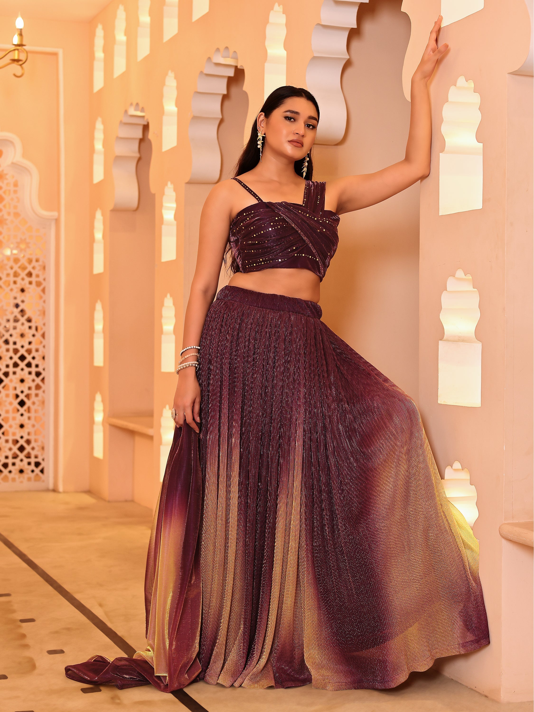 Crushed Silk Wine Lehenga Choli with Sequined Embroidery