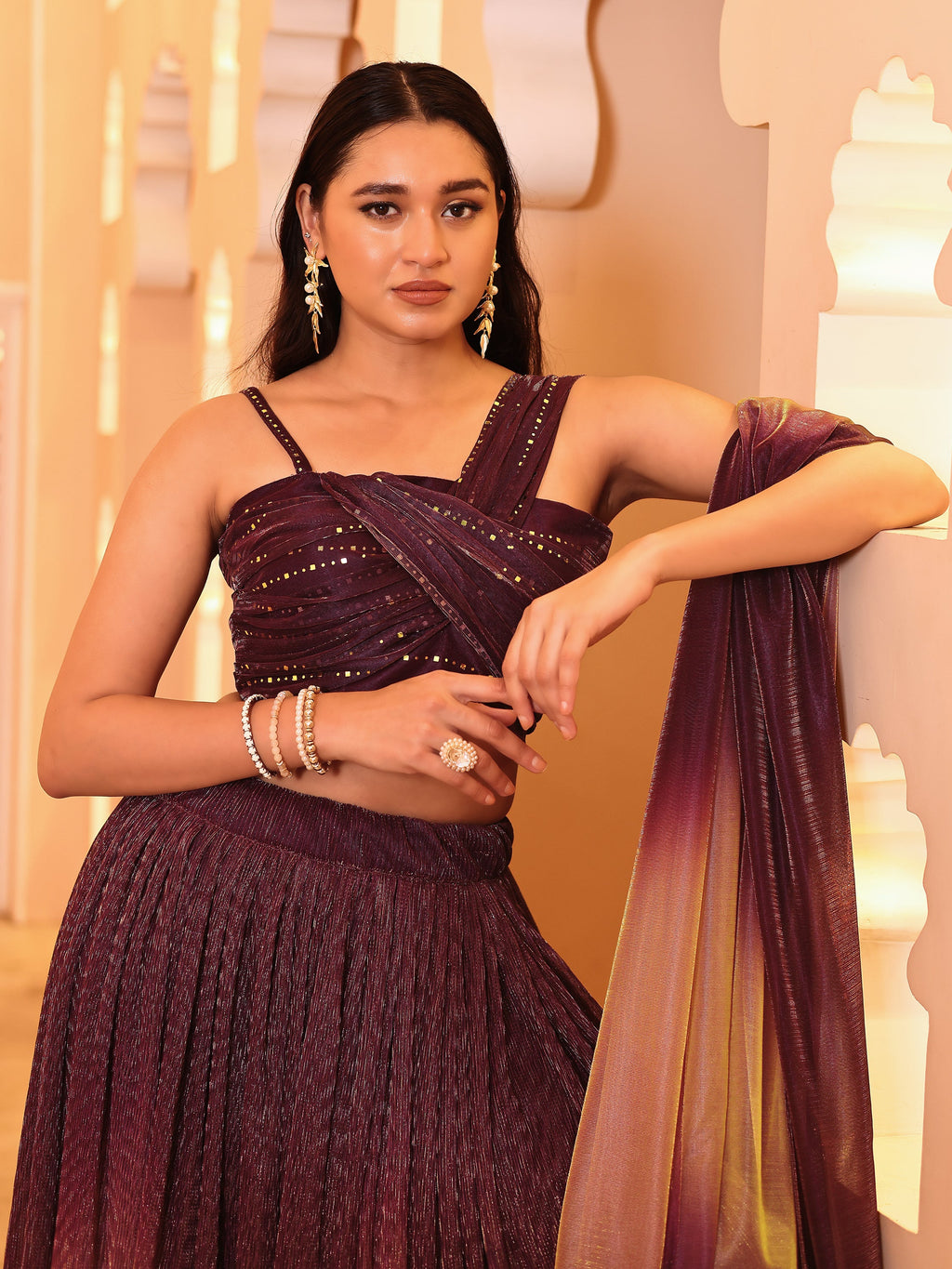 Crushed Silk Wine Lehenga Choli with Sequined Embroidery