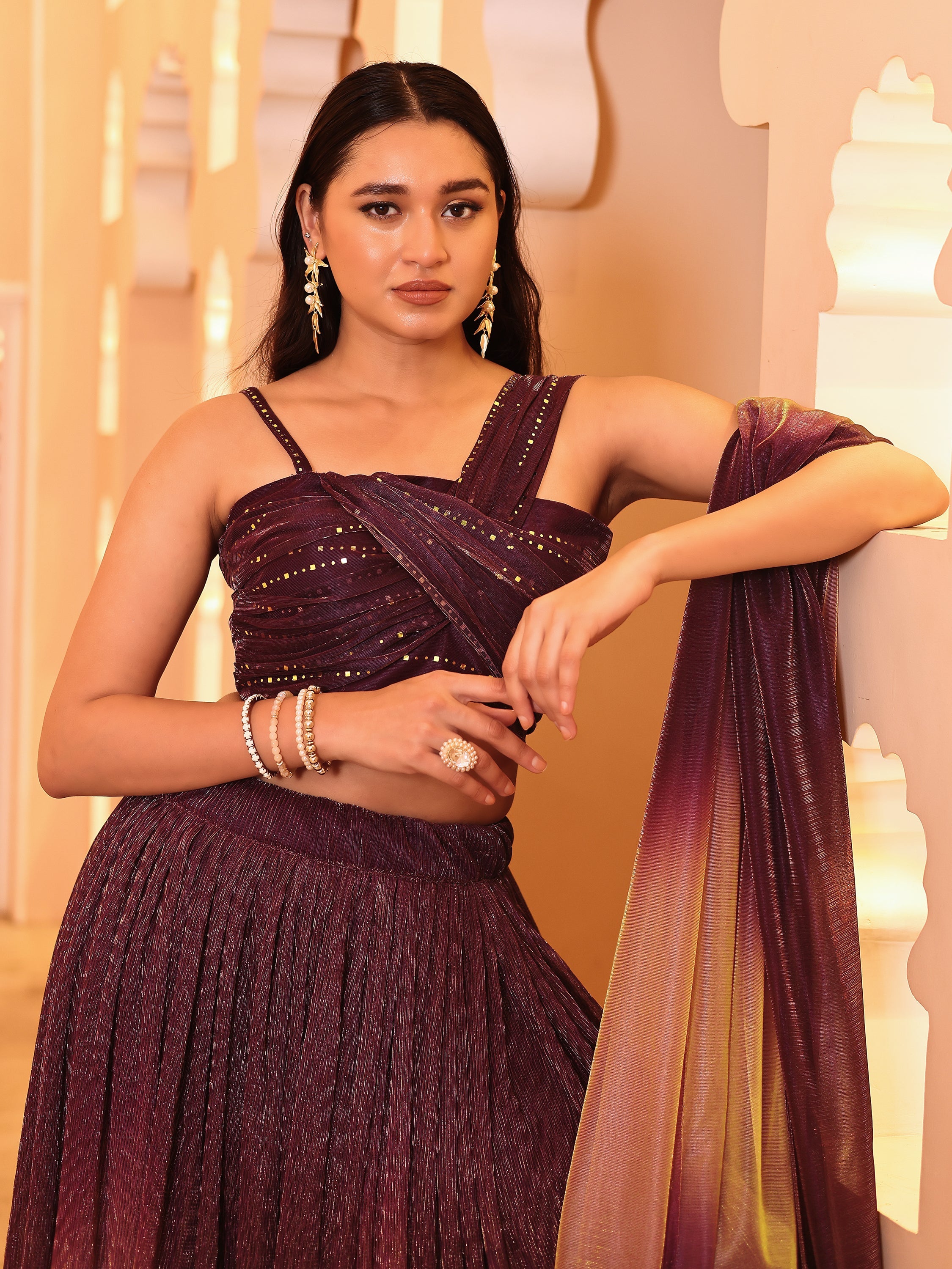 Crushed Silk Wine Lehenga Choli with Sequined Embroidery