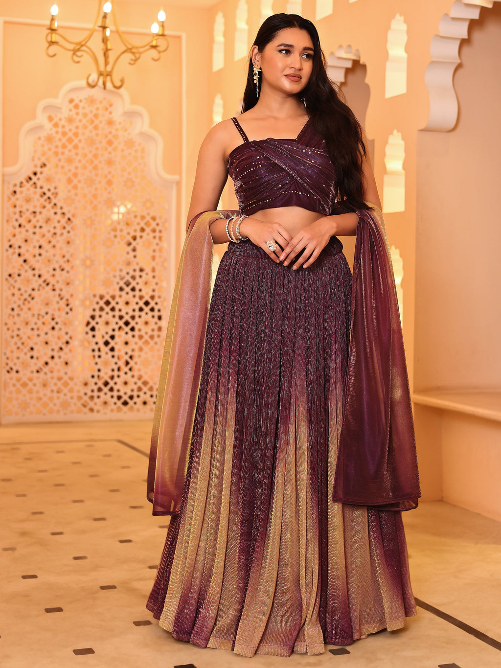 Crushed Silk Wine Lehenga Choli with Sequined Embroidery