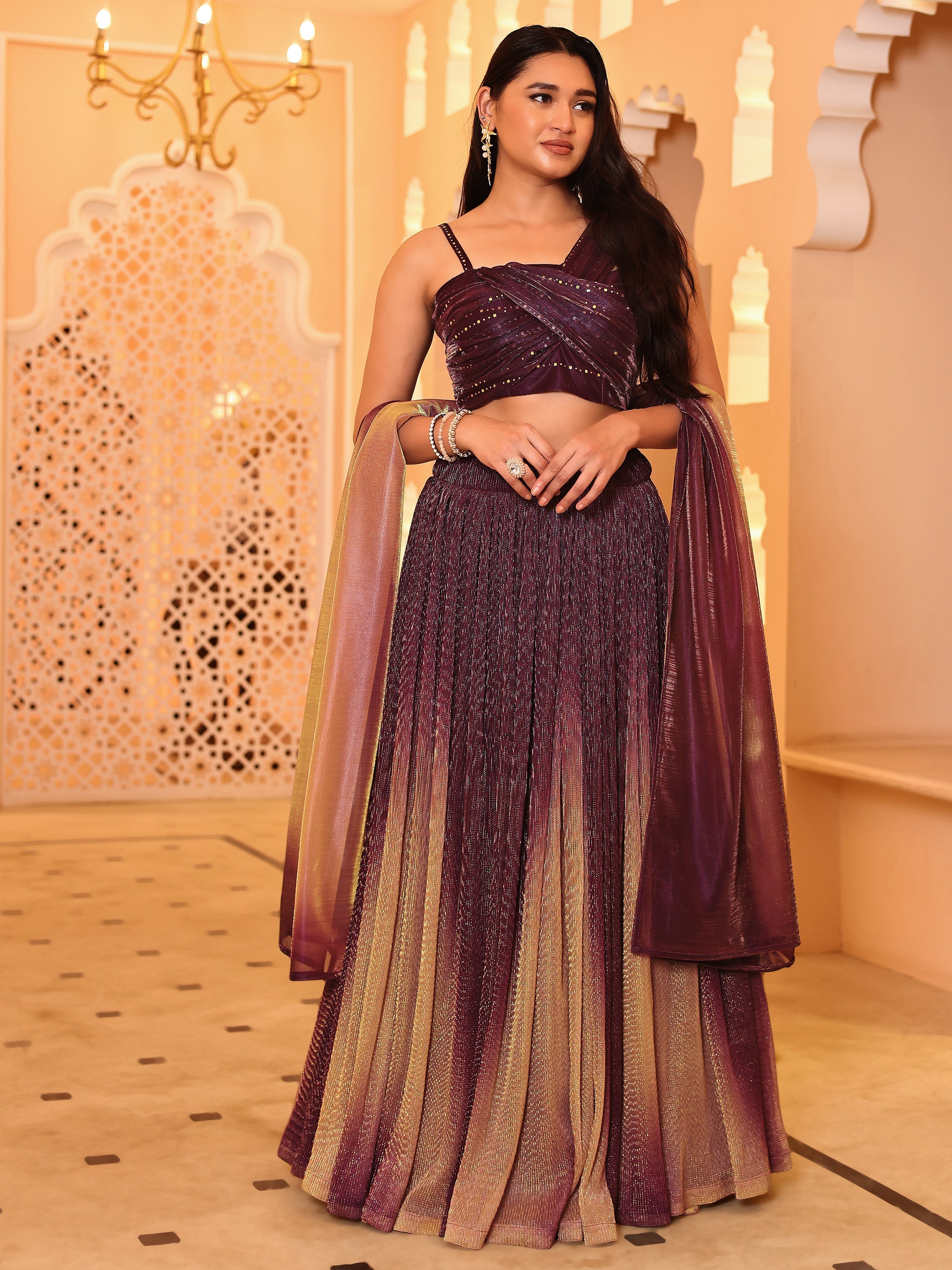 Crushed Silk Wine Lehenga Choli with Sequined Embroidery