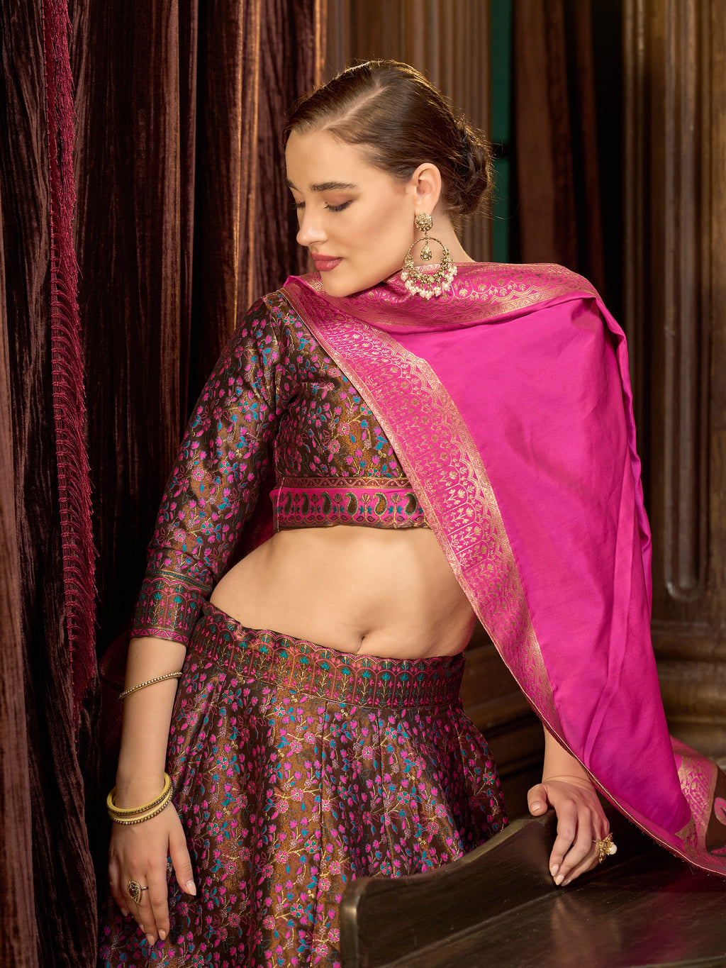 Women's Brown Kanjiwaram Lehengas