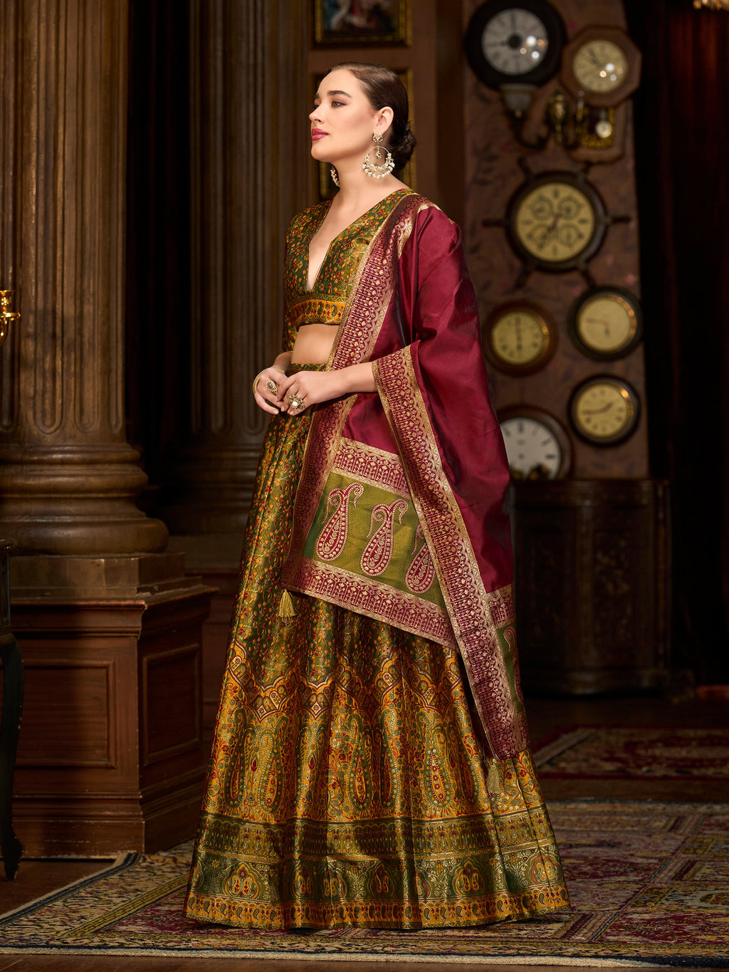 Women's Olive Kanjiwaram Lehengas