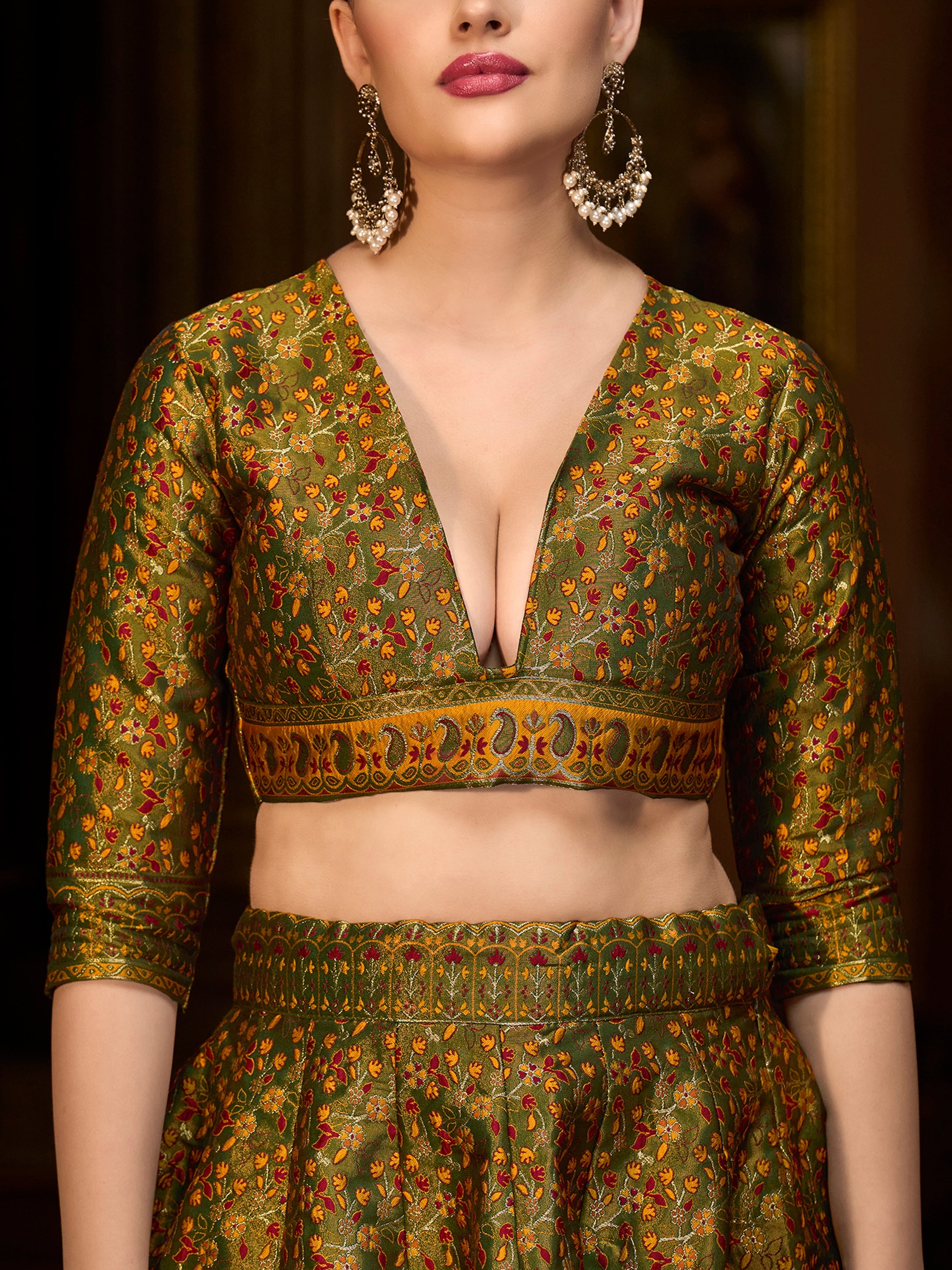 Women's Olive Kanjiwaram Lehengas