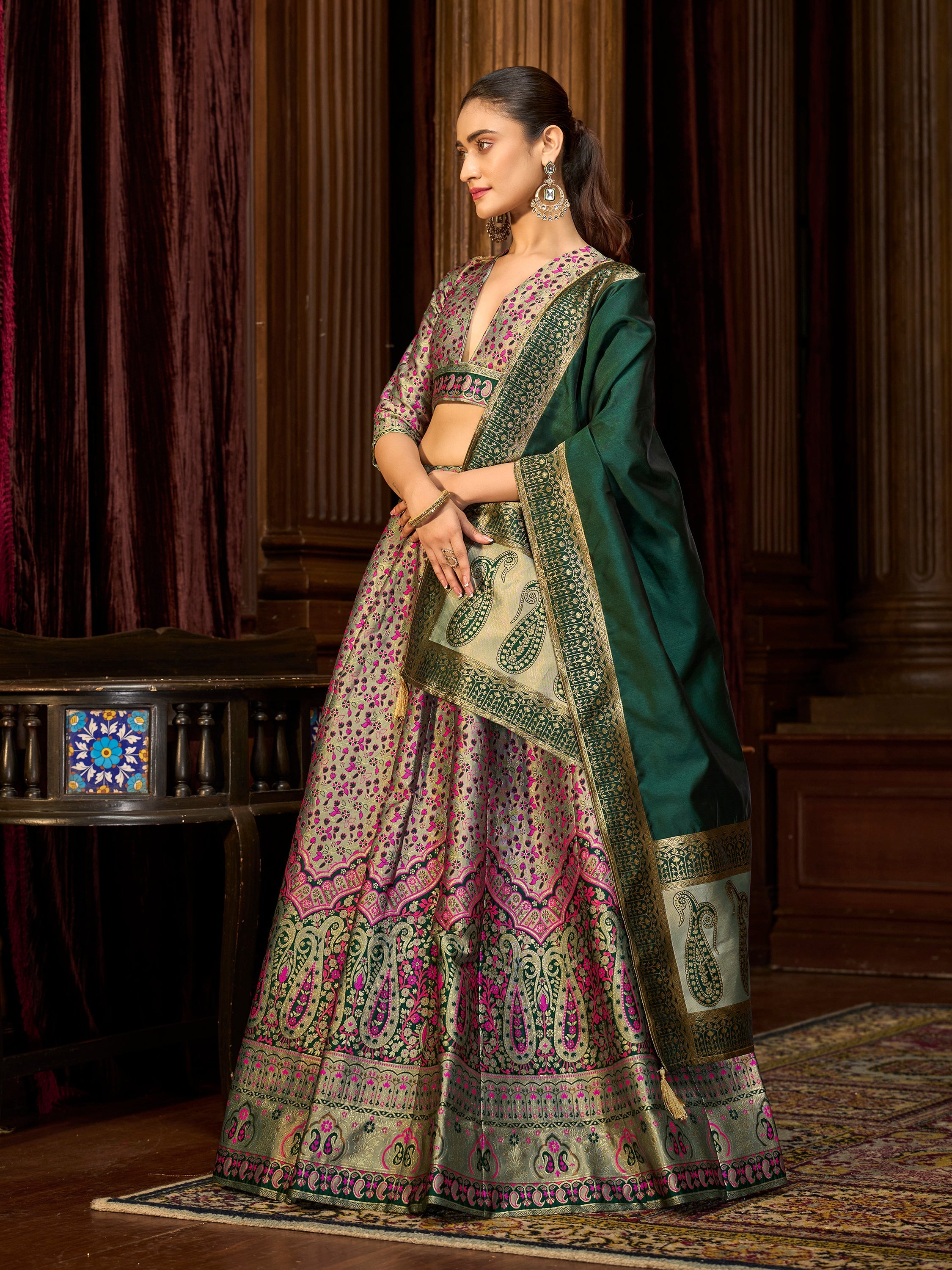 Women's Sea-Green Kanjiwaram Lehengas