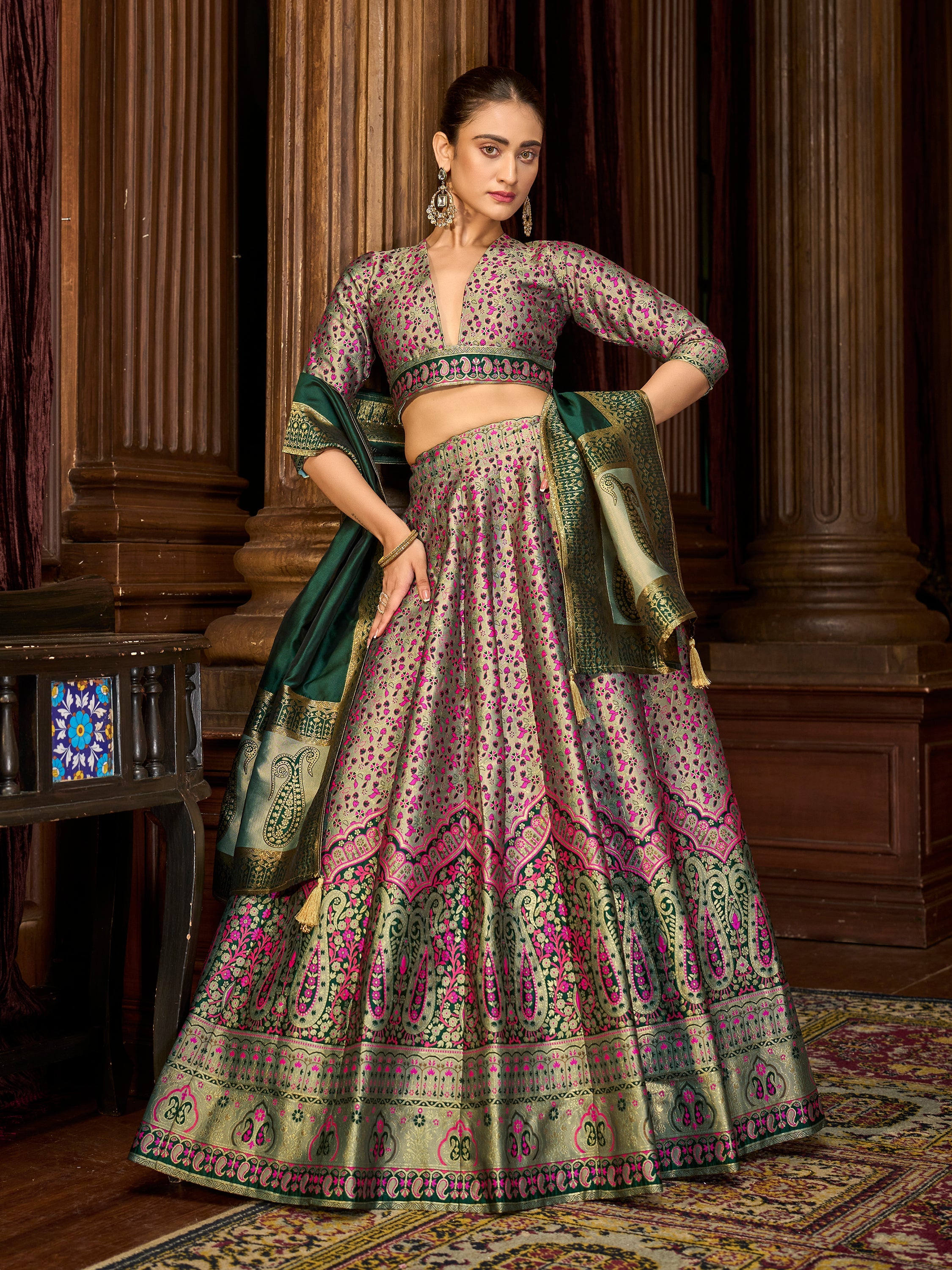Women's Sea-Green Kanjiwaram Lehengas