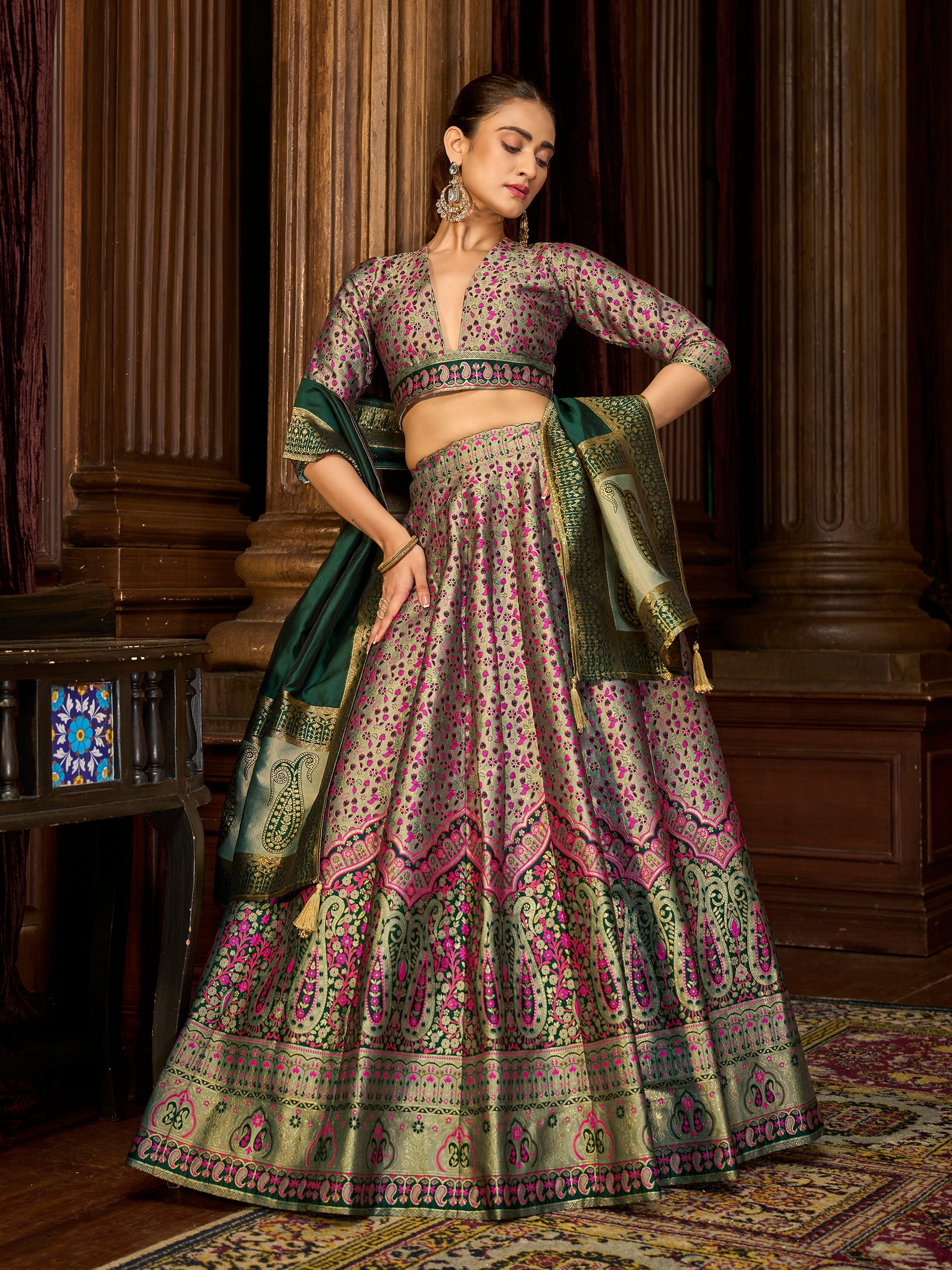 Women's Sea-Green Kanjiwaram Lehengas