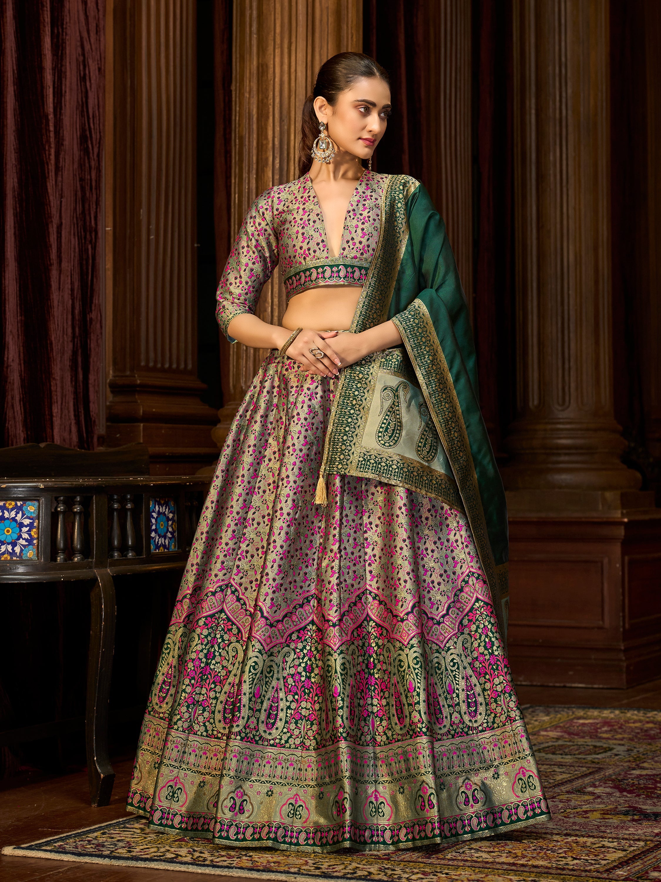 Women's Sea-Green Kanjiwaram Lehengas