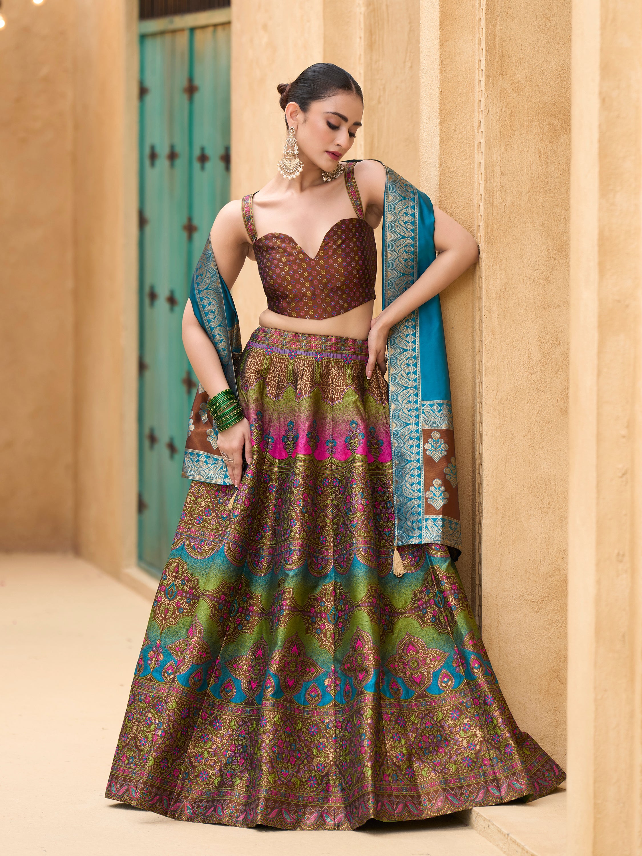 Women's Brown Kanjiwaram Lehengas