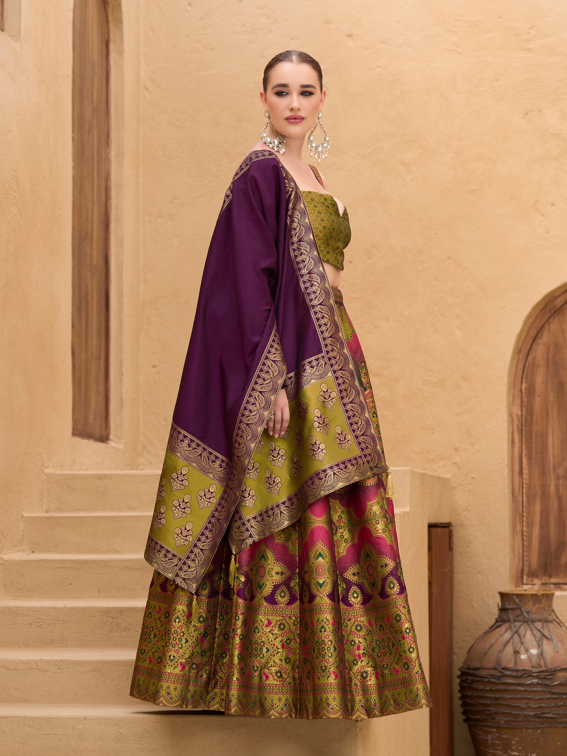 Women's Mehndi Kanjiwaram Lehengas