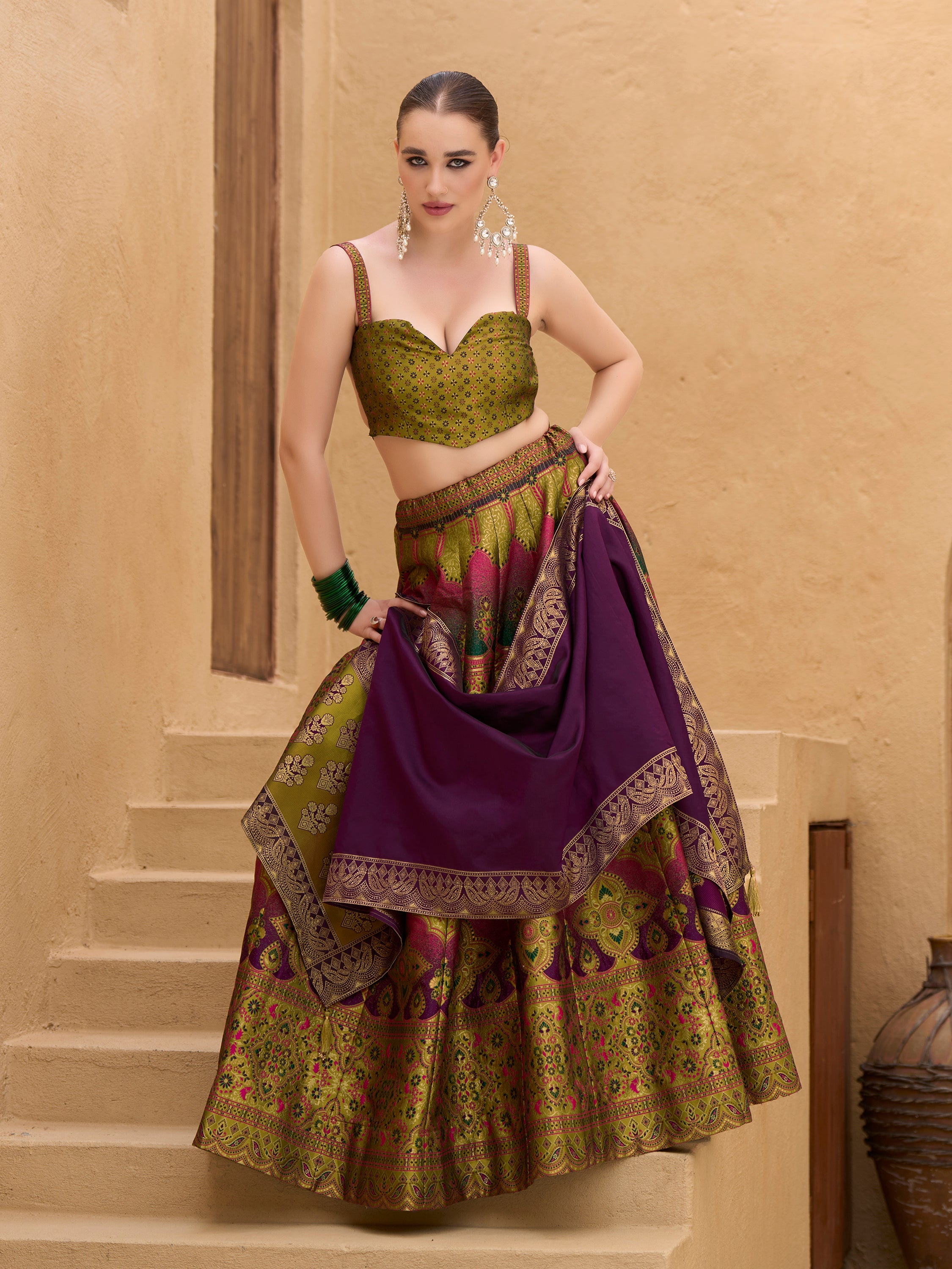 Women's Mehndi Kanjiwaram Lehengas