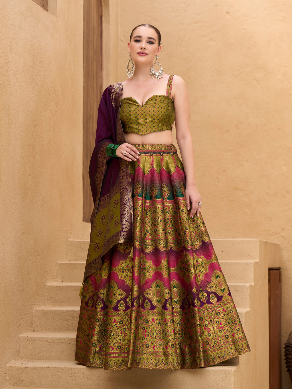 Women's Mehndi Kanjiwaram Lehengas