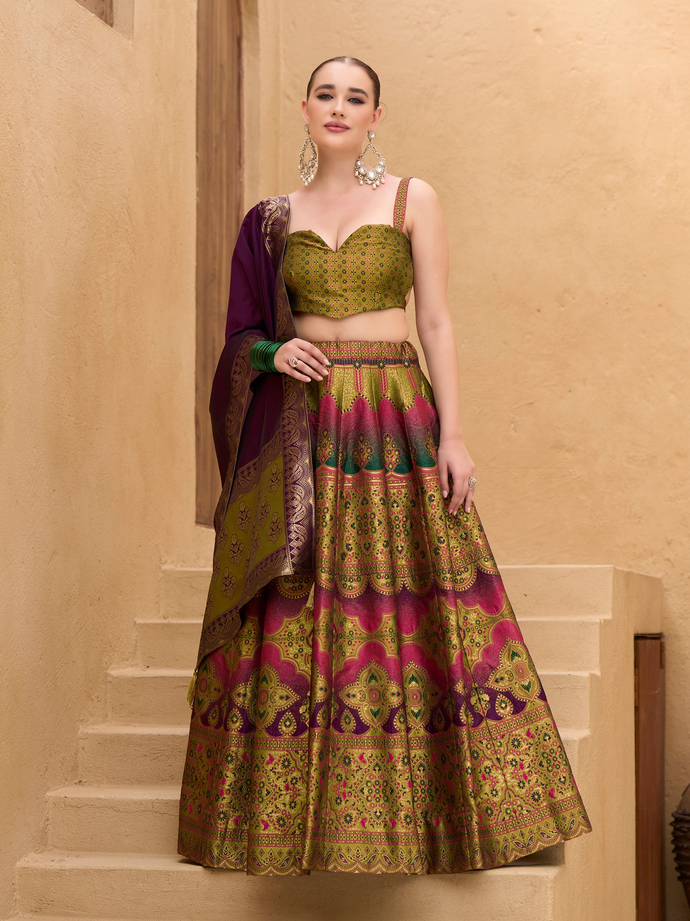 Women's Mehndi Kanjiwaram Lehengas