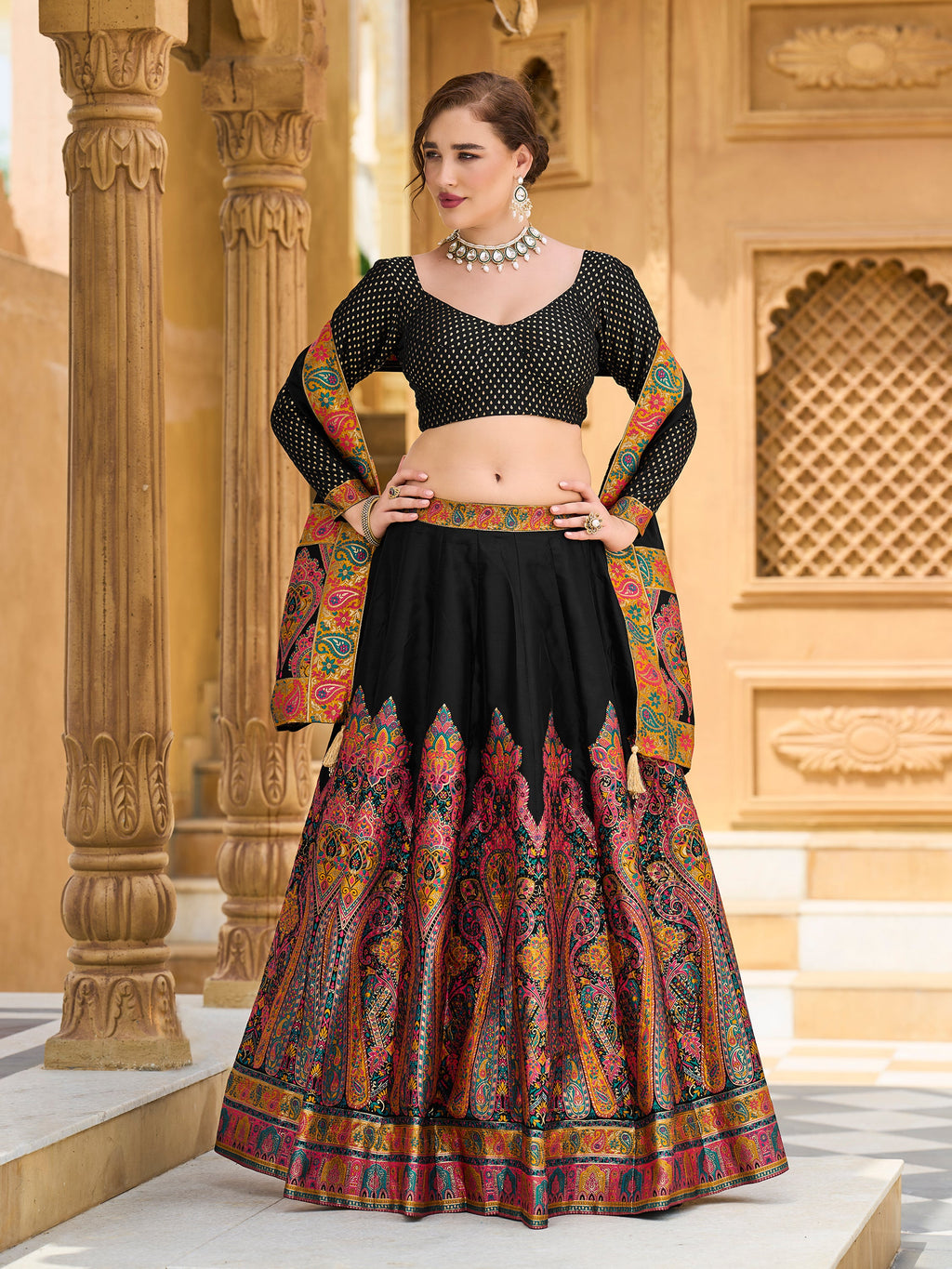 Women's Black Jacquard Crape Lehengas