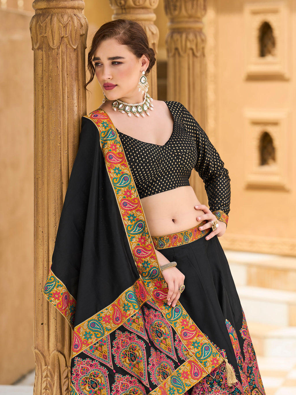 Women's Black Jacquard Crape Lehengas