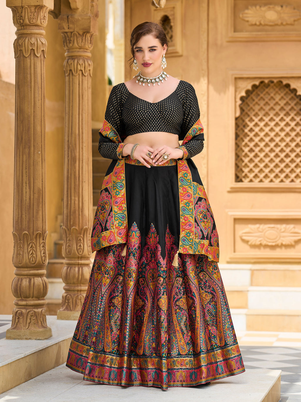 Women's Black Jacquard Crape Lehengas