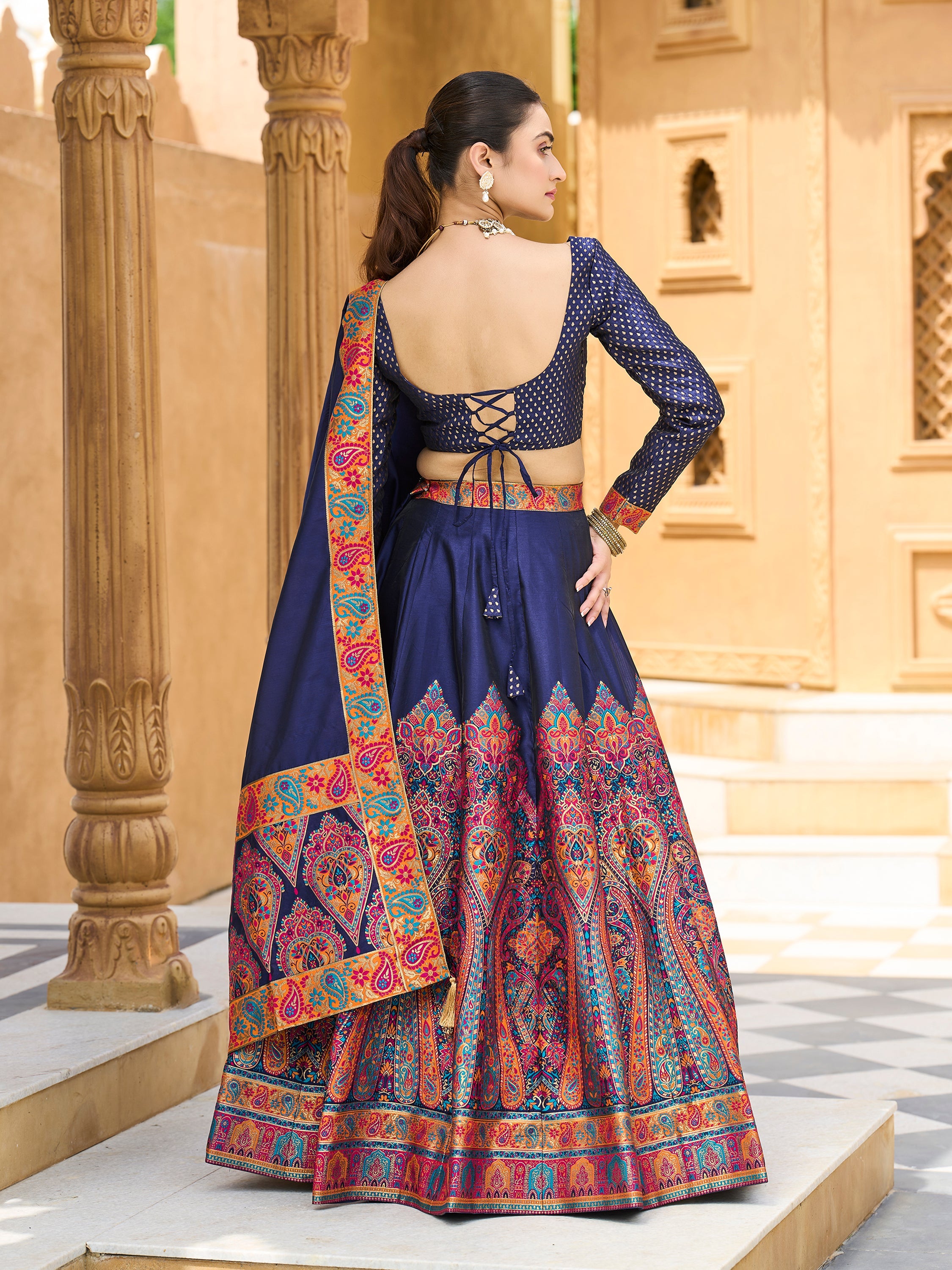 Women's Navy-Blue Jacquard Crape Lehengas