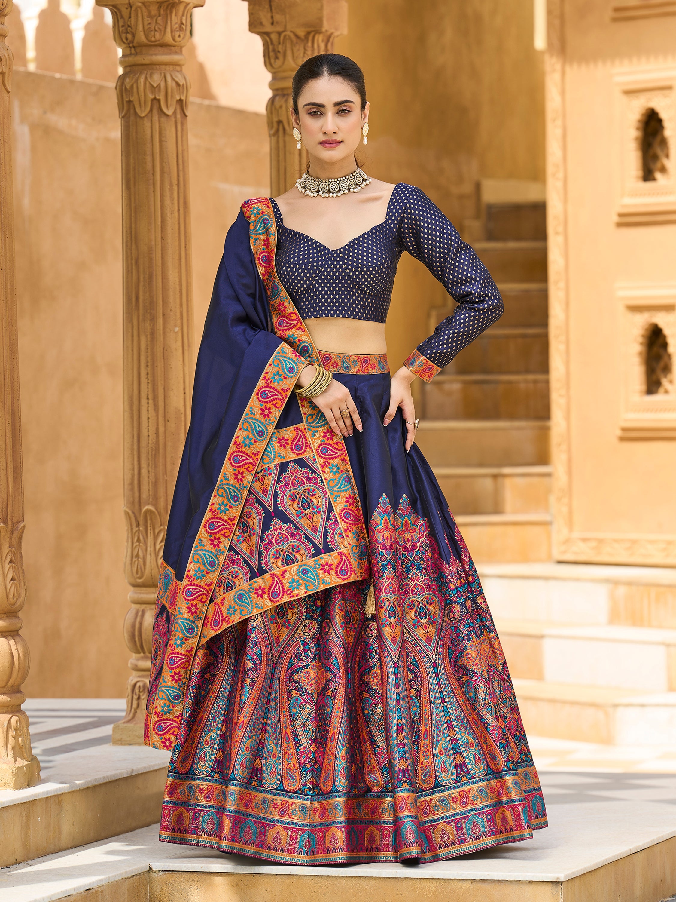 Women's Navy-Blue Jacquard Crape Lehengas