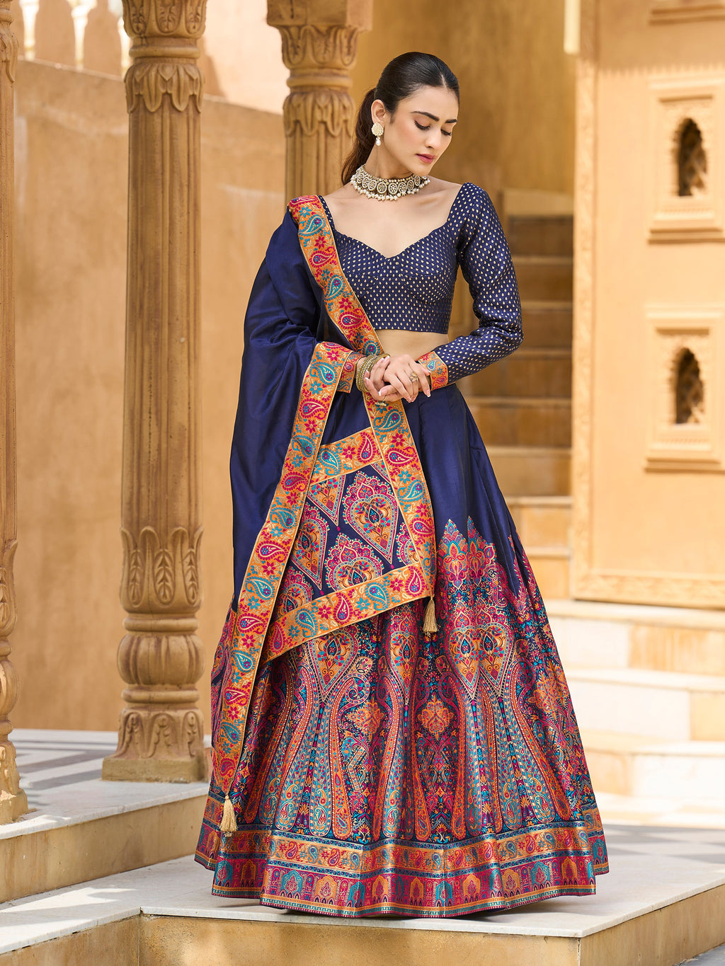 Women's Navy-Blue Jacquard Crape Lehengas