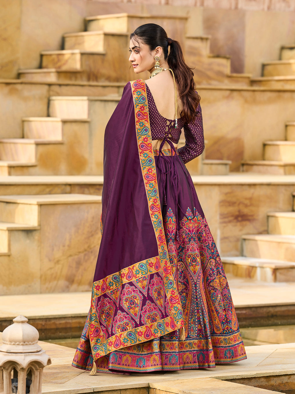 Women's Wine Jacquard Crape Lehengas