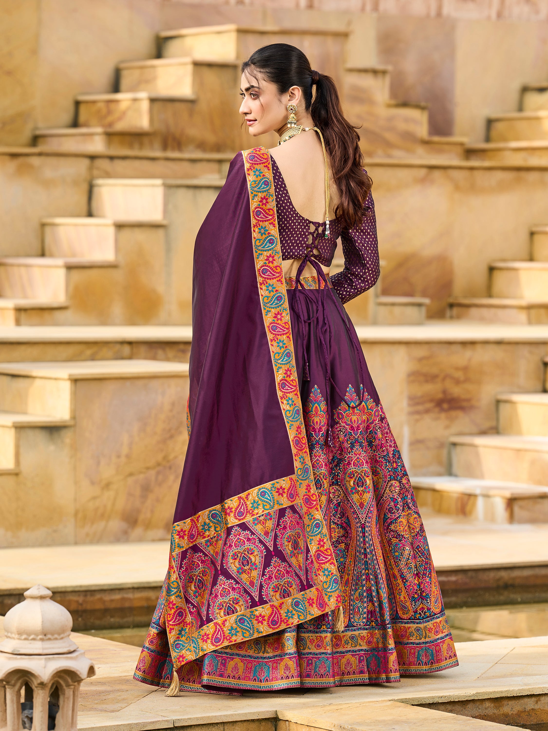 Women's Wine Jacquard Crape Lehengas