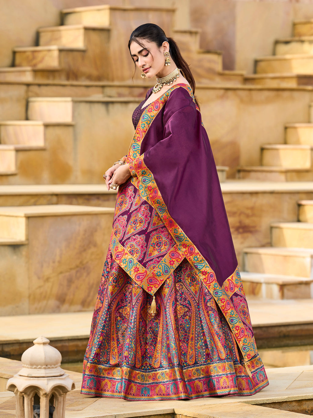 Women's Wine Jacquard Crape Lehengas