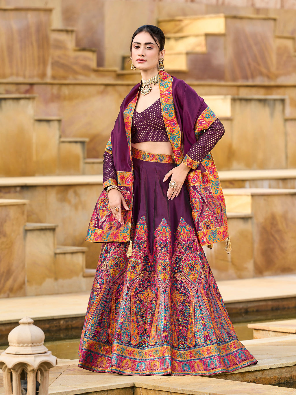 Women's Wine Jacquard Crape Lehengas