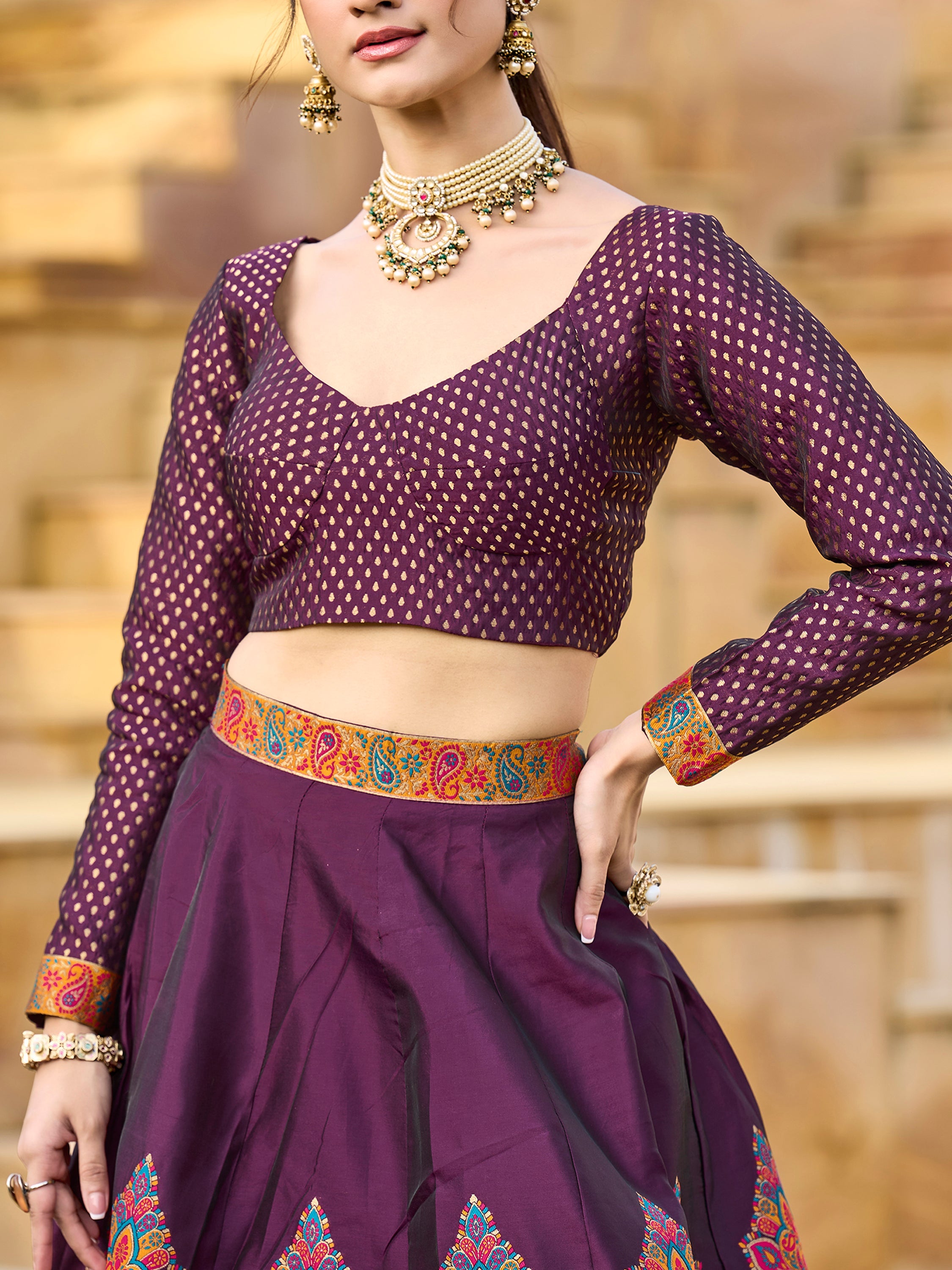 Women's Wine Jacquard Crape Lehengas