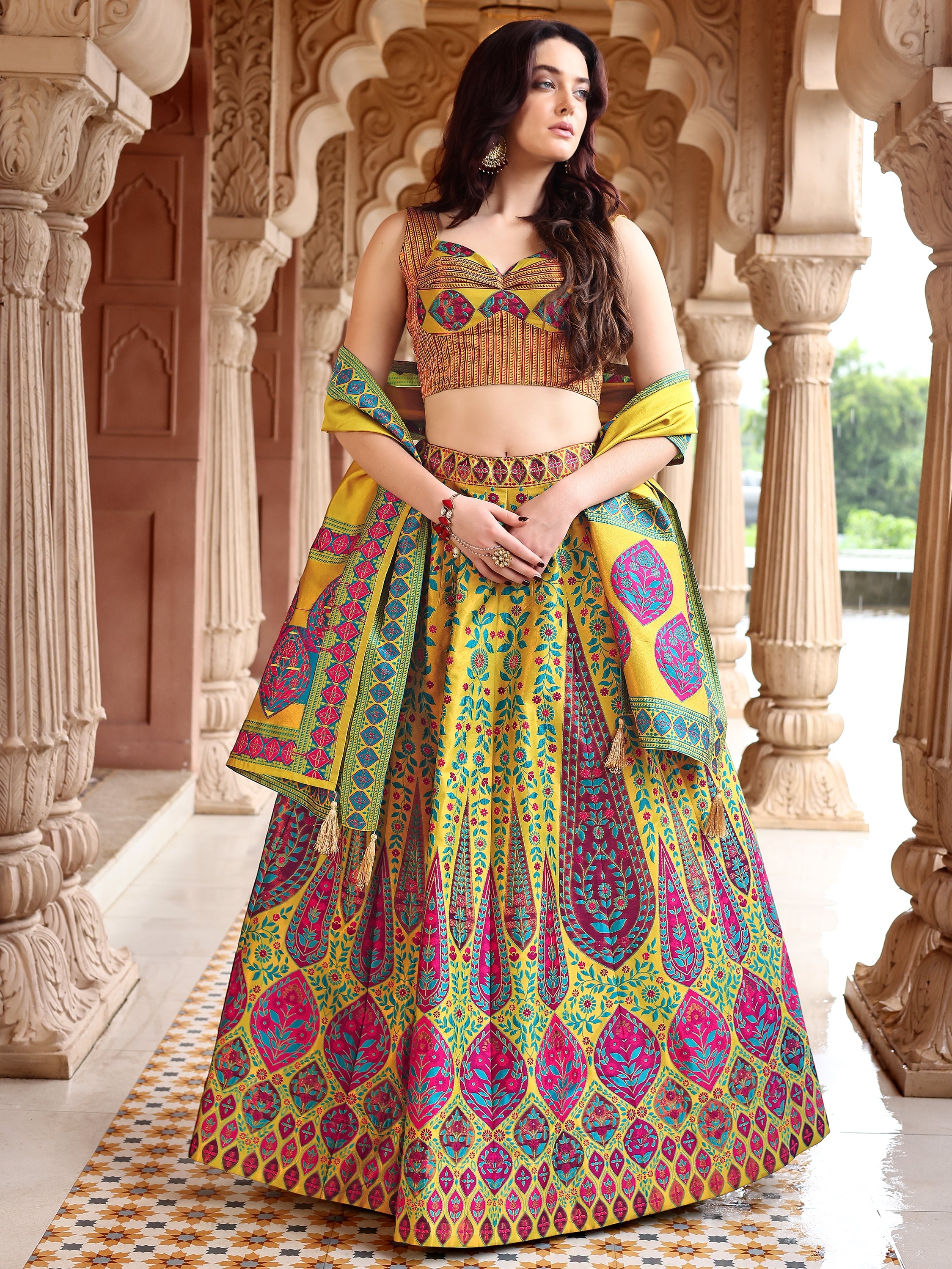 Kanjiwaram Lehenga Choli Lime Ethnic Zari Magic