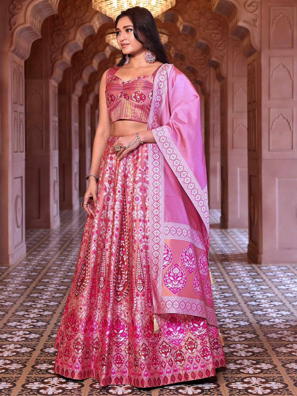 Kanjiwaram Lehenga Choli Pink Ethnic Zari Magic