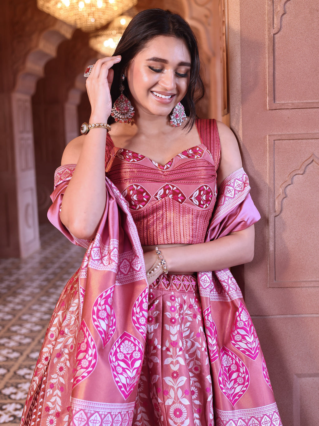 Kanjiwaram Lehenga Choli Pink Ethnic Zari Magic