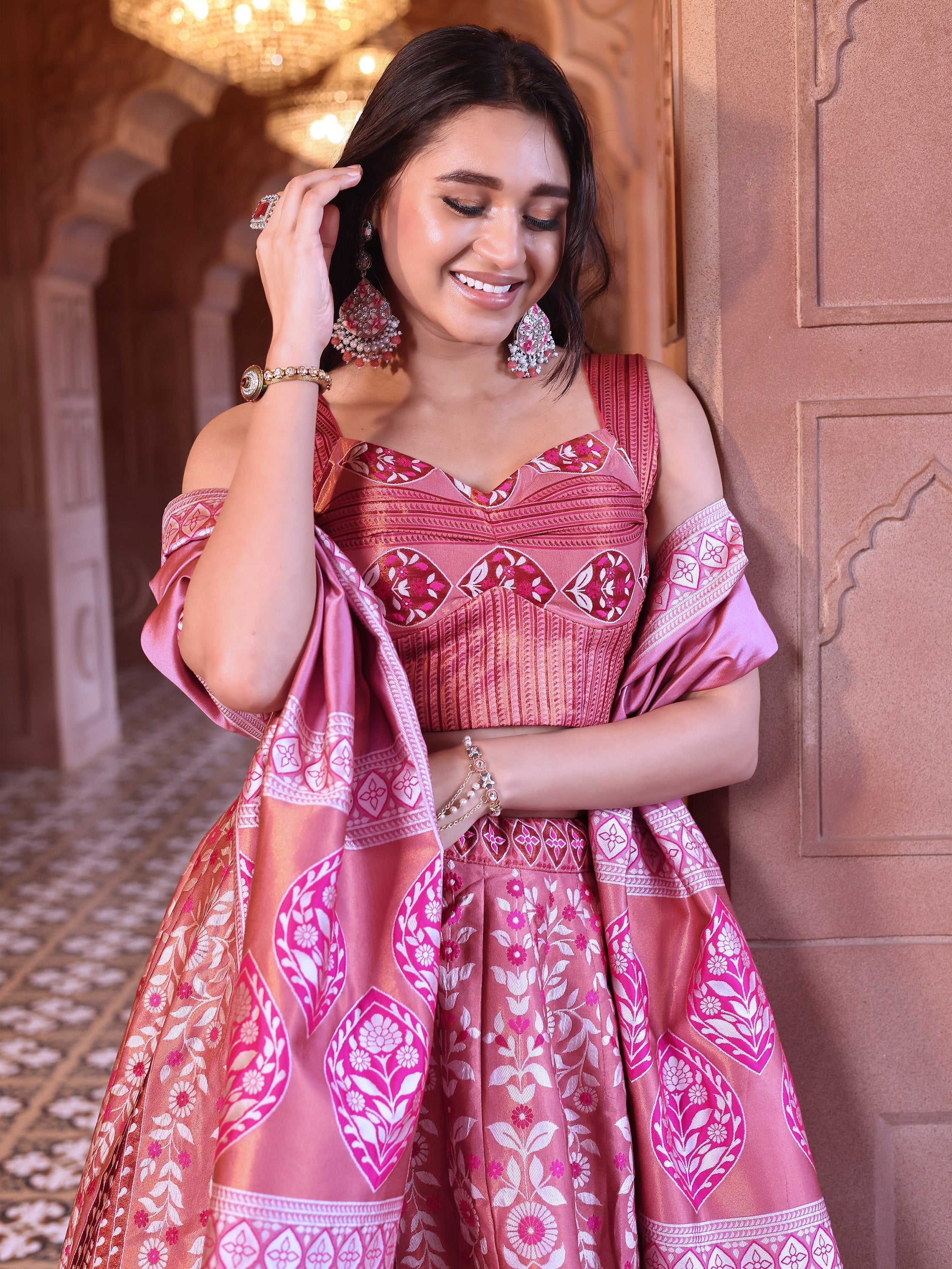 Kanjiwaram Lehenga Choli Pink Ethnic Zari Magic