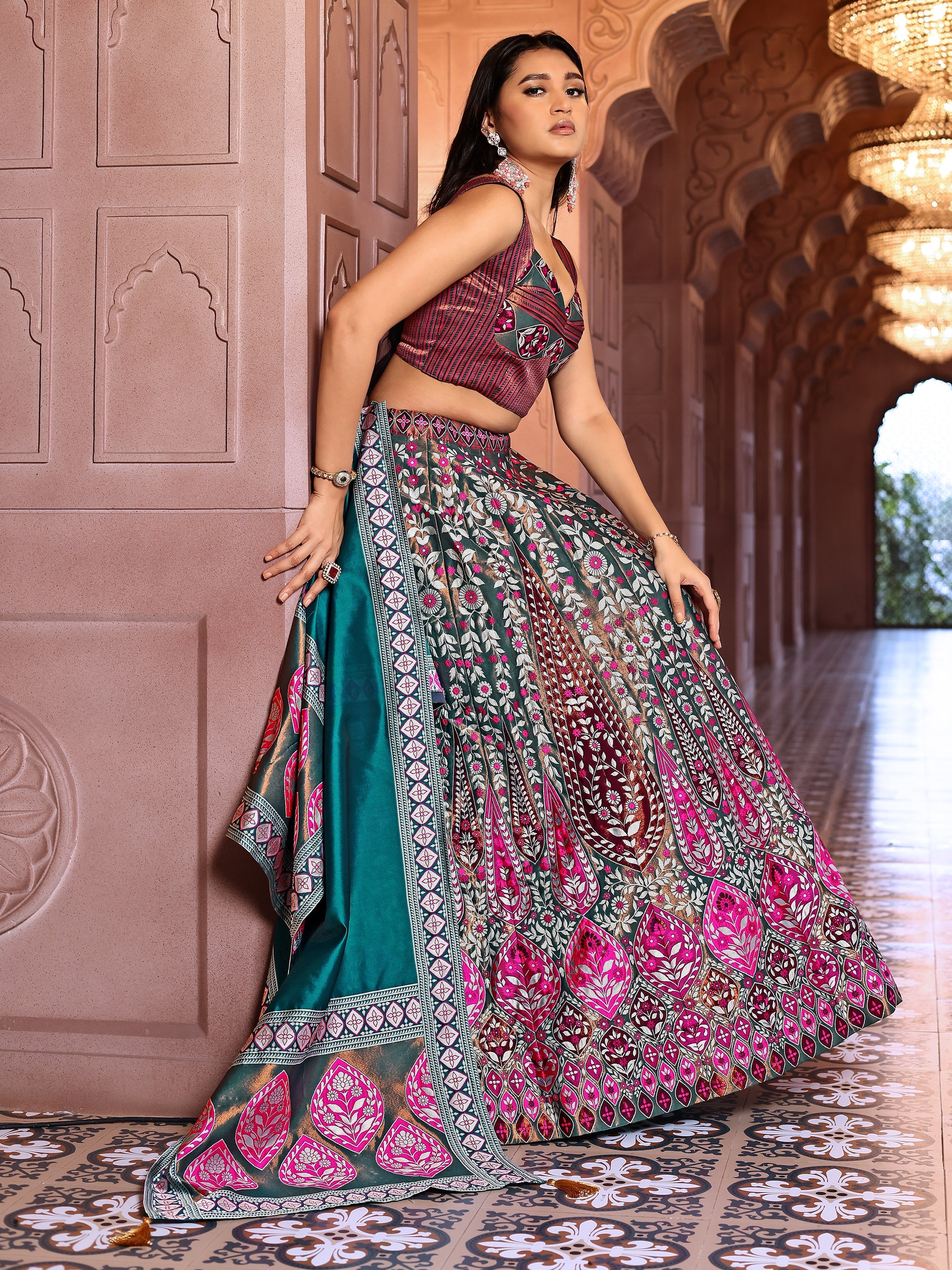 Kanjiwaram Lehenga Choli Rama Ethnic Zari Magic