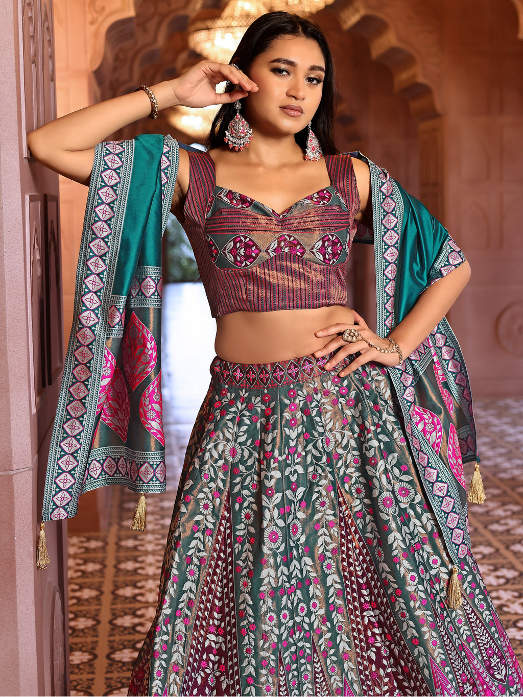 Kanjiwaram Lehenga Choli Rama Ethnic Zari Magic