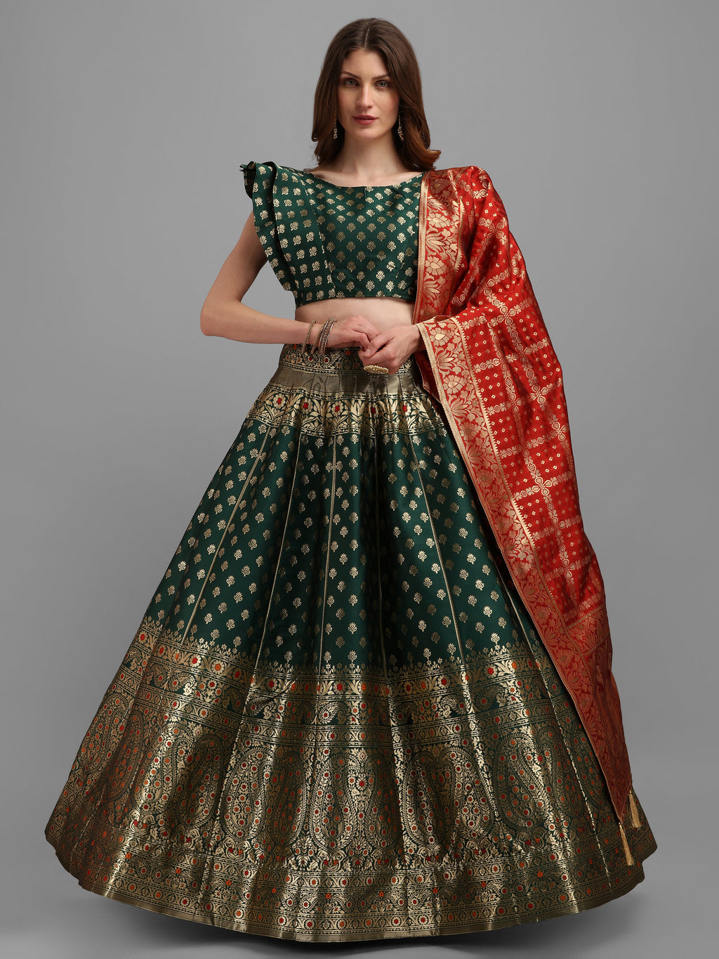 Women Green Self Design Print Lehenga