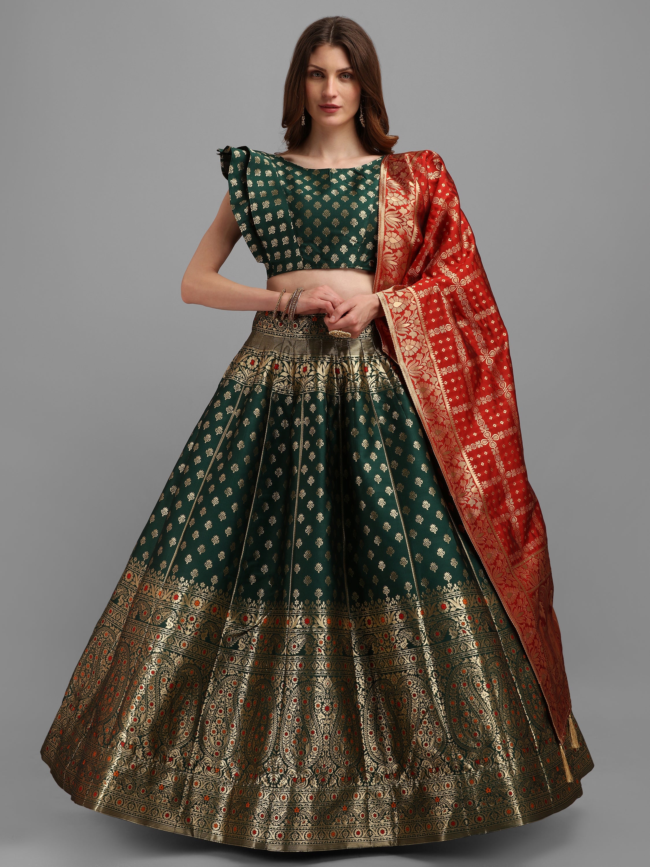 Women Green Self Design Print Lehenga