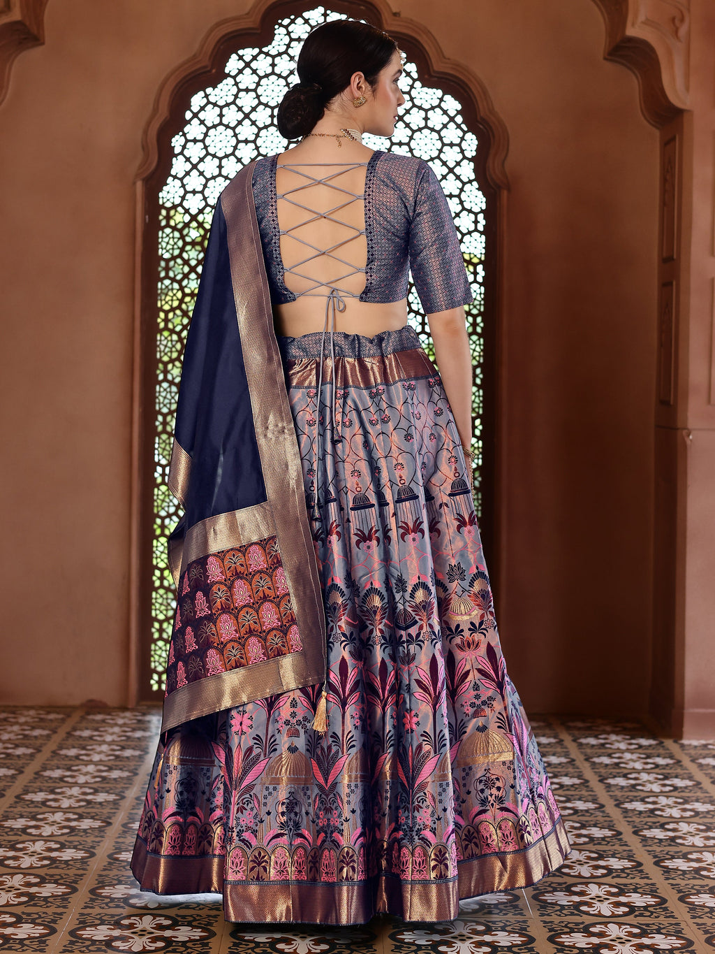 Woven With Zari Timeless Motifs Navy Blue Lehenga Choli
